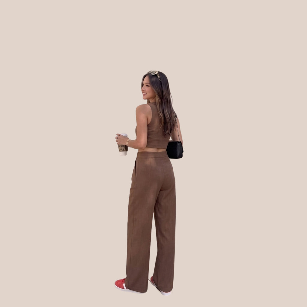 Women's Solid Brown Crop Top & Wide Leg Pant Co-Ord Set | Sleeveless Two-Piece Casual Lounge & Travel Outfit