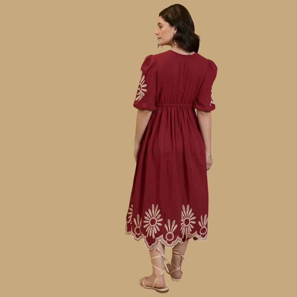 Maroon Floral Embroidered Midi Dress | Elegant Casual & Party Wear