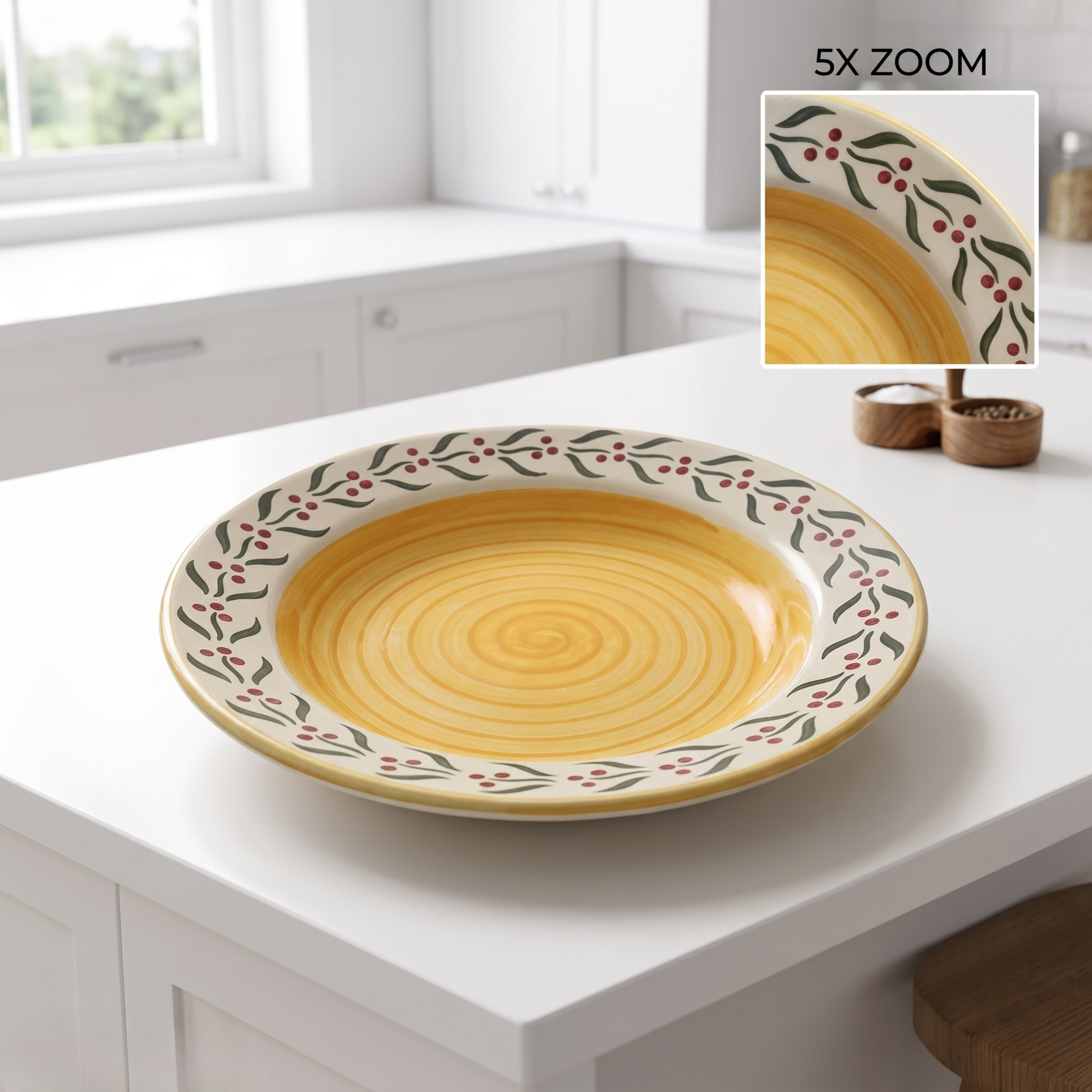 Premium Hand-Painted Ceramic Pasta Plate (20cm) | Yellow Spiral & Berry Design
