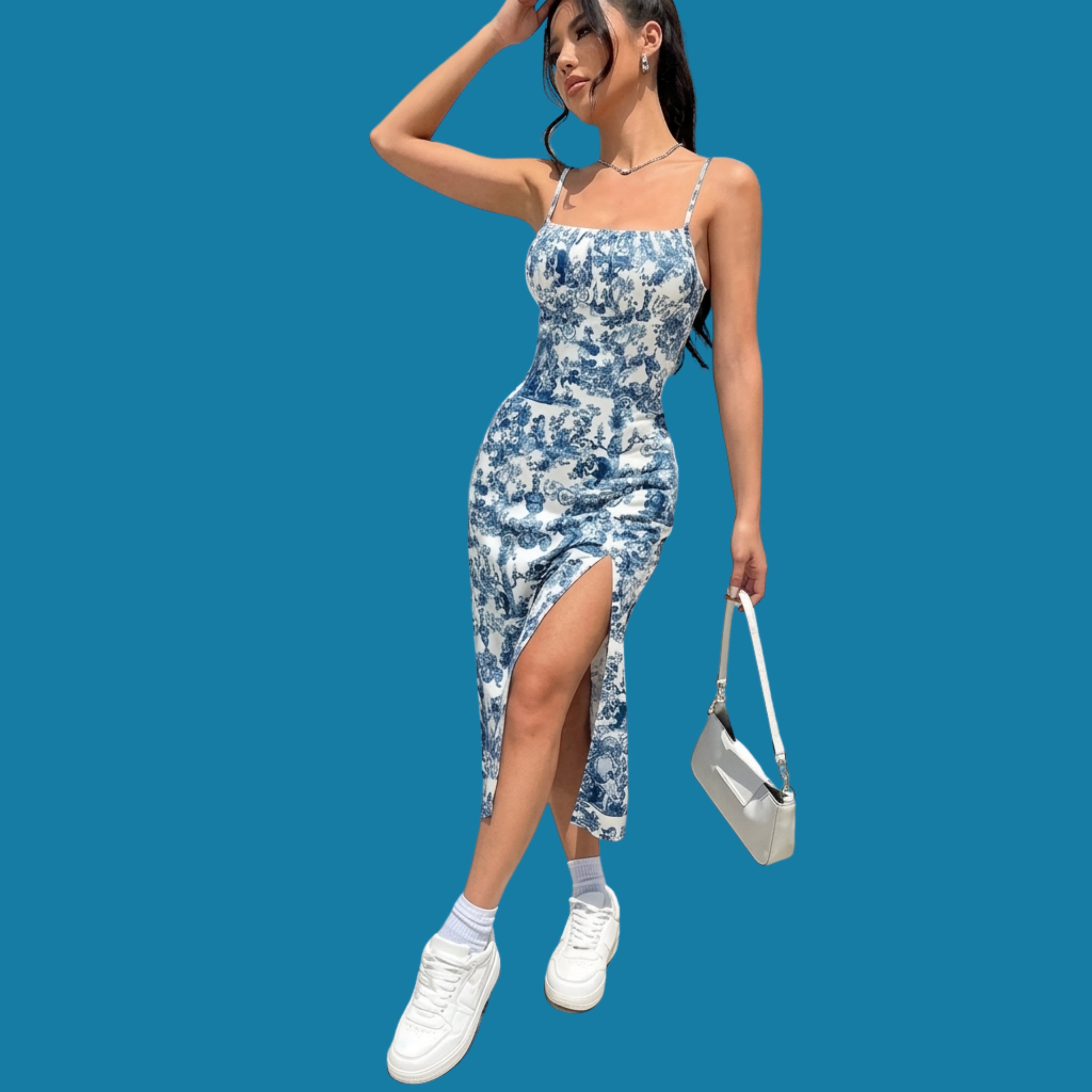 Blue & White Porcelain Print Bodycon Midi Dress with Side Slit