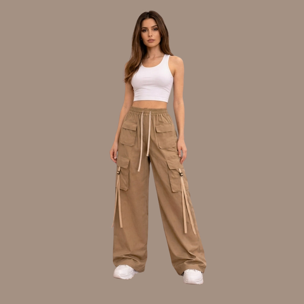 Korean Cargo Pant Combo for Women (Pack of 2) | Wide Leg Drawstring Utility Pants | Olive & Beige |