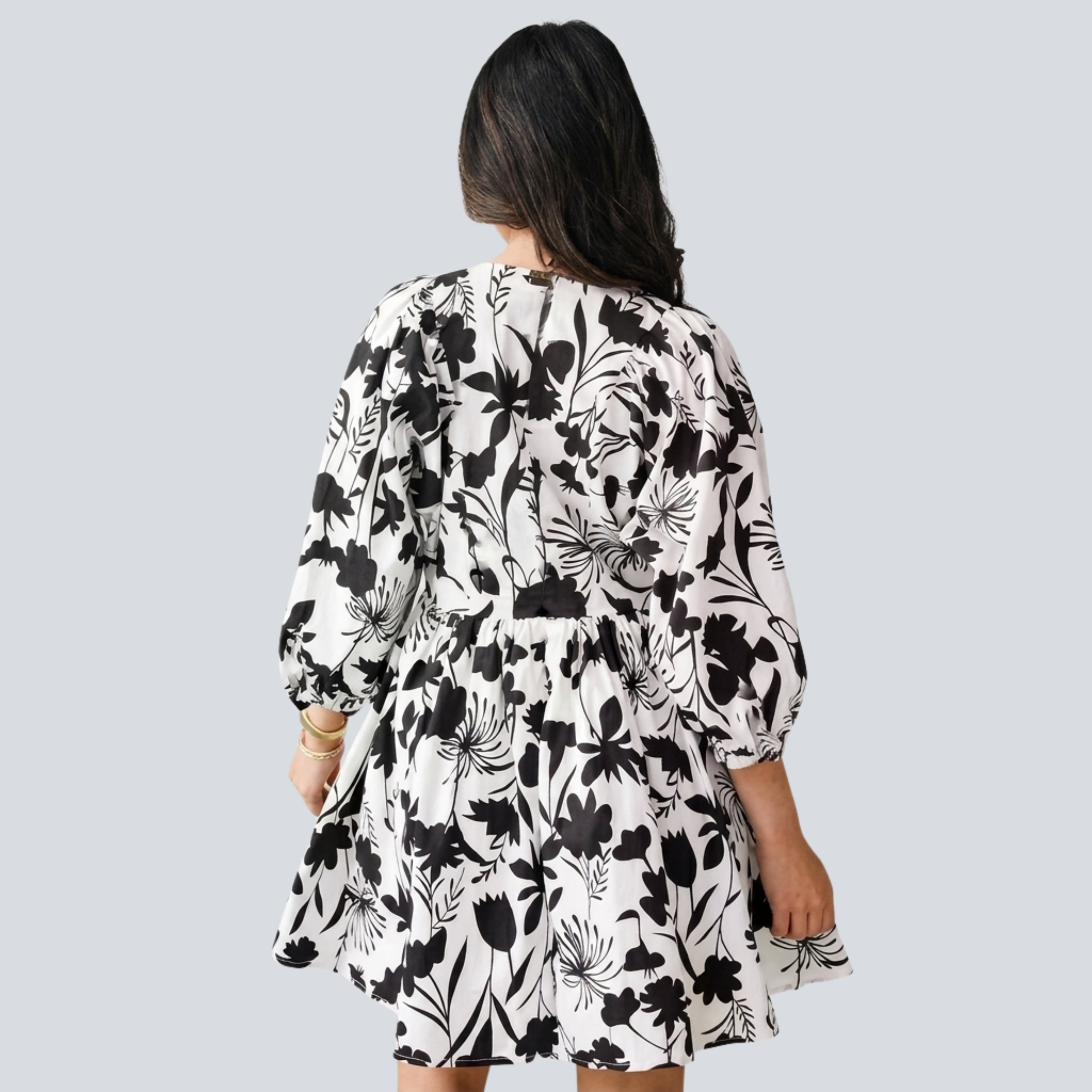 Black & White Floral Print Babydoll Mini Dress for Women