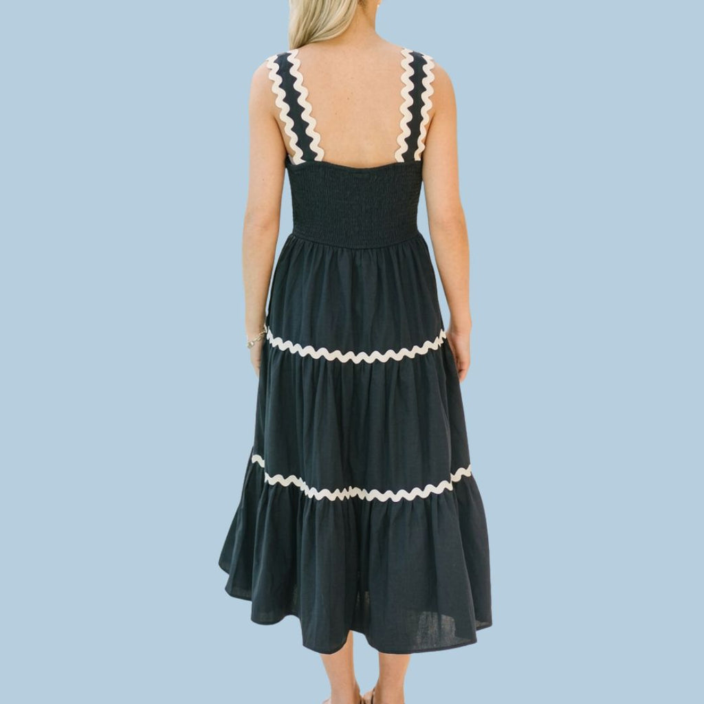 Midnight Elegance Ric Rac Trim Tiered Midi Dress for Women | Blue