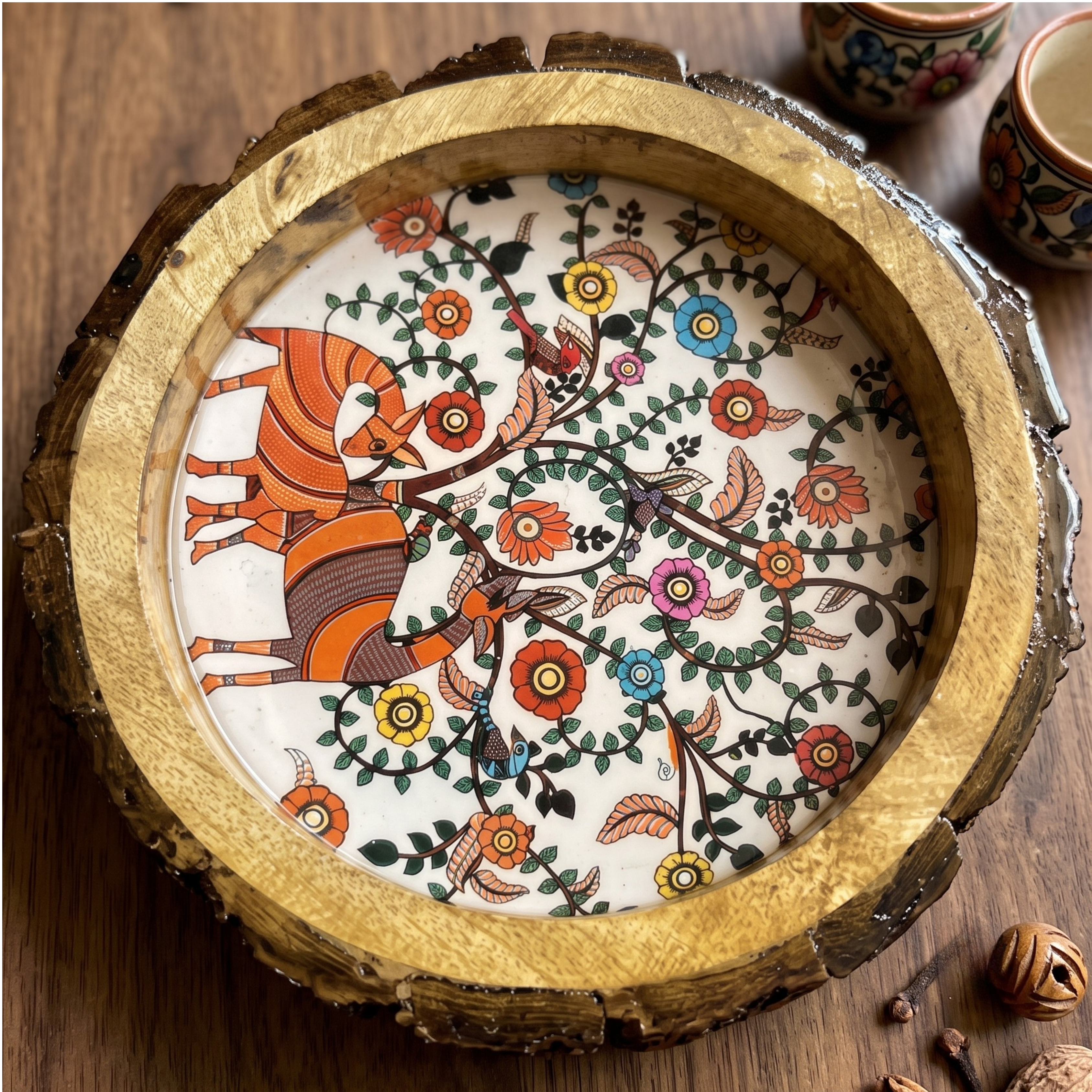 Rustic Round Wooden Serving Tray with Traditional Folk Art Print | Decorative Bark Edge Platter (8 Inch)