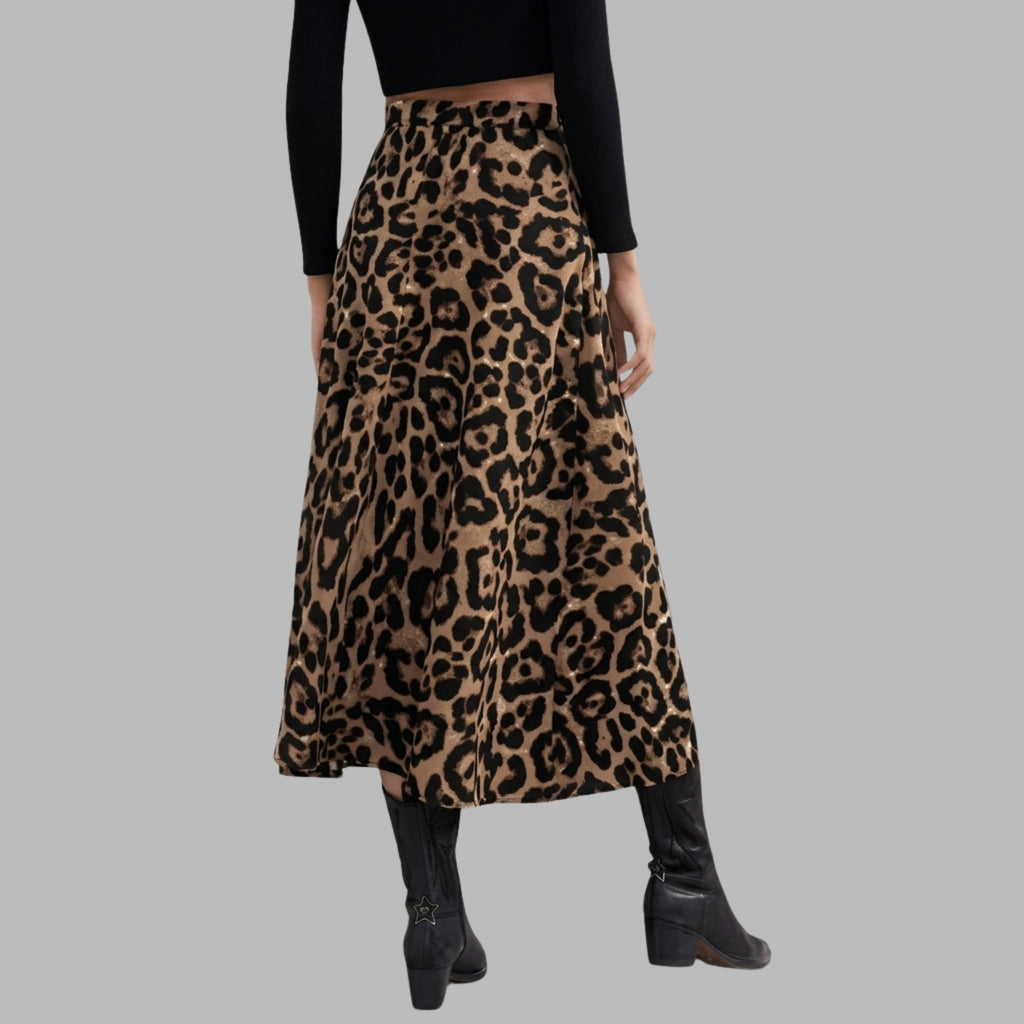 Korean Inspired Leopard Print Midi Skirt for Women | High Waist A-Line Skirt with Side Slit