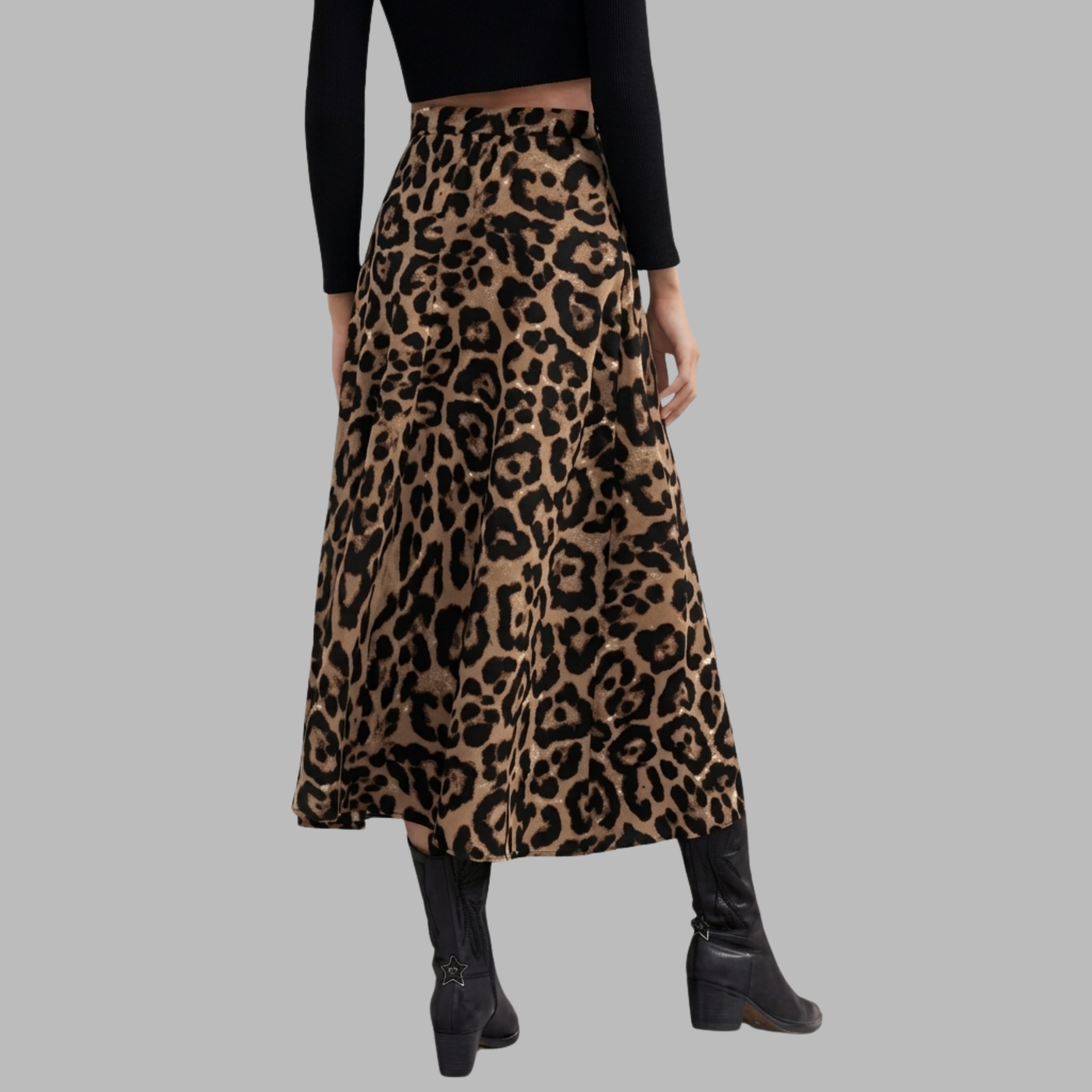 Korean Inspired Leopard Print Midi Skirt for Women | High Waist A-Line Skirt with Side Slit