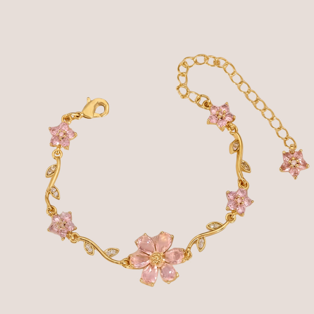 Gold Pink Floral Bracelet for Women | Adjustable Anti-Tarnish Cherry Blossom Crystal Bracelet