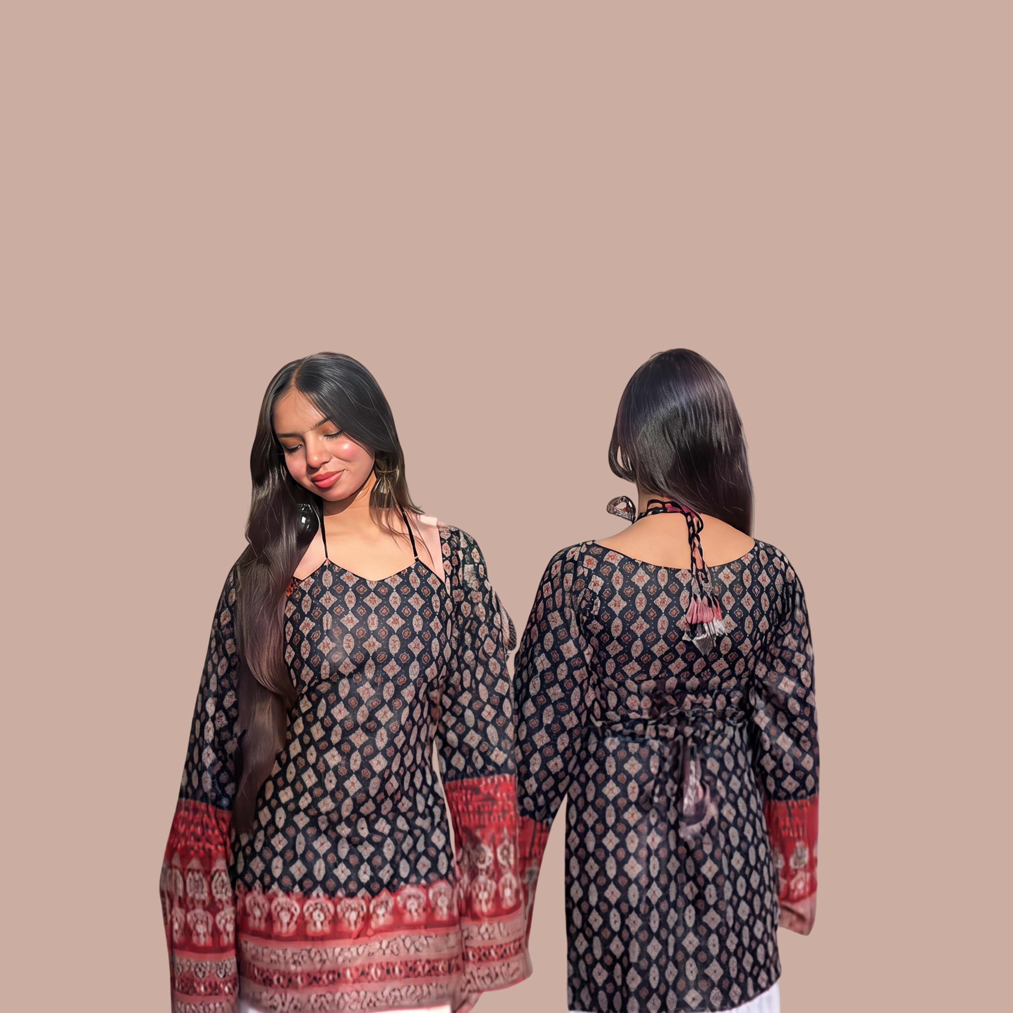 Women's Black & Maroon Printed Short Kurti | Boho Bell Sleeve Ethnic Tunic Top with Back Tie Detail