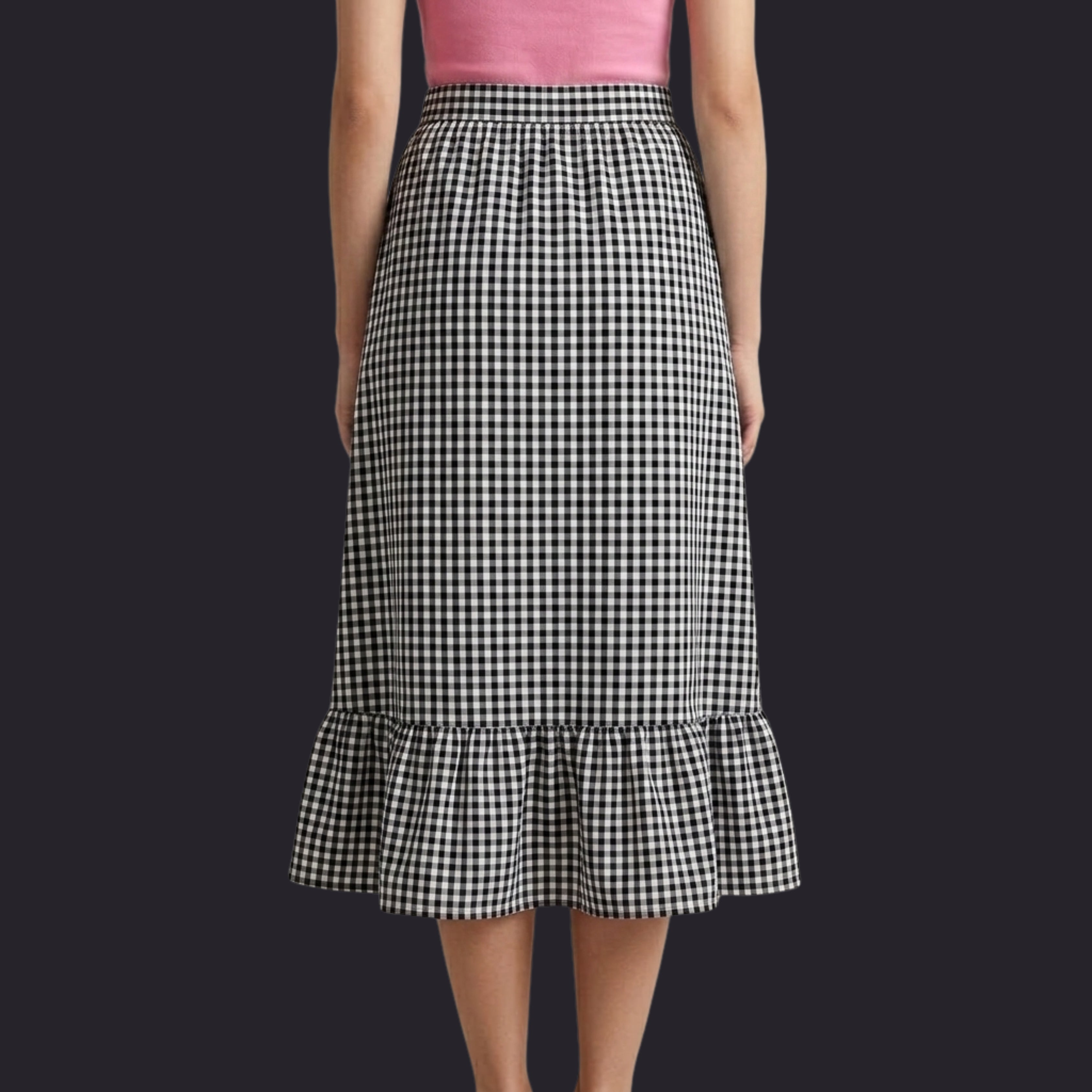 Korean Style Black Gingham Ruffle Midi Skirt for Women | High Waist Checkered Skirt
