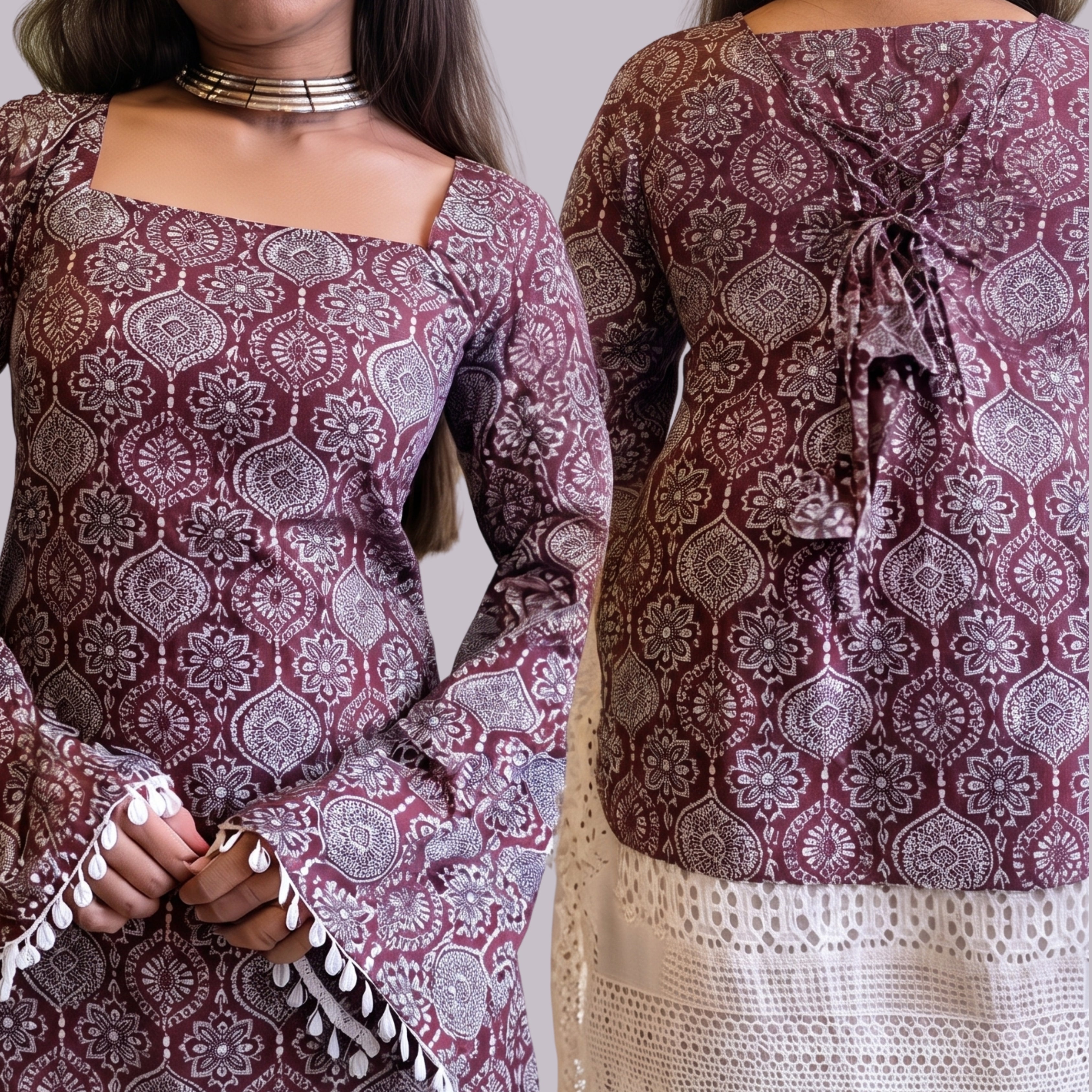 Women's Maroon Ajrakh Printed Short Kurti | Square Neck Bell Sleeve Ethnic Top with Back Tie-Up