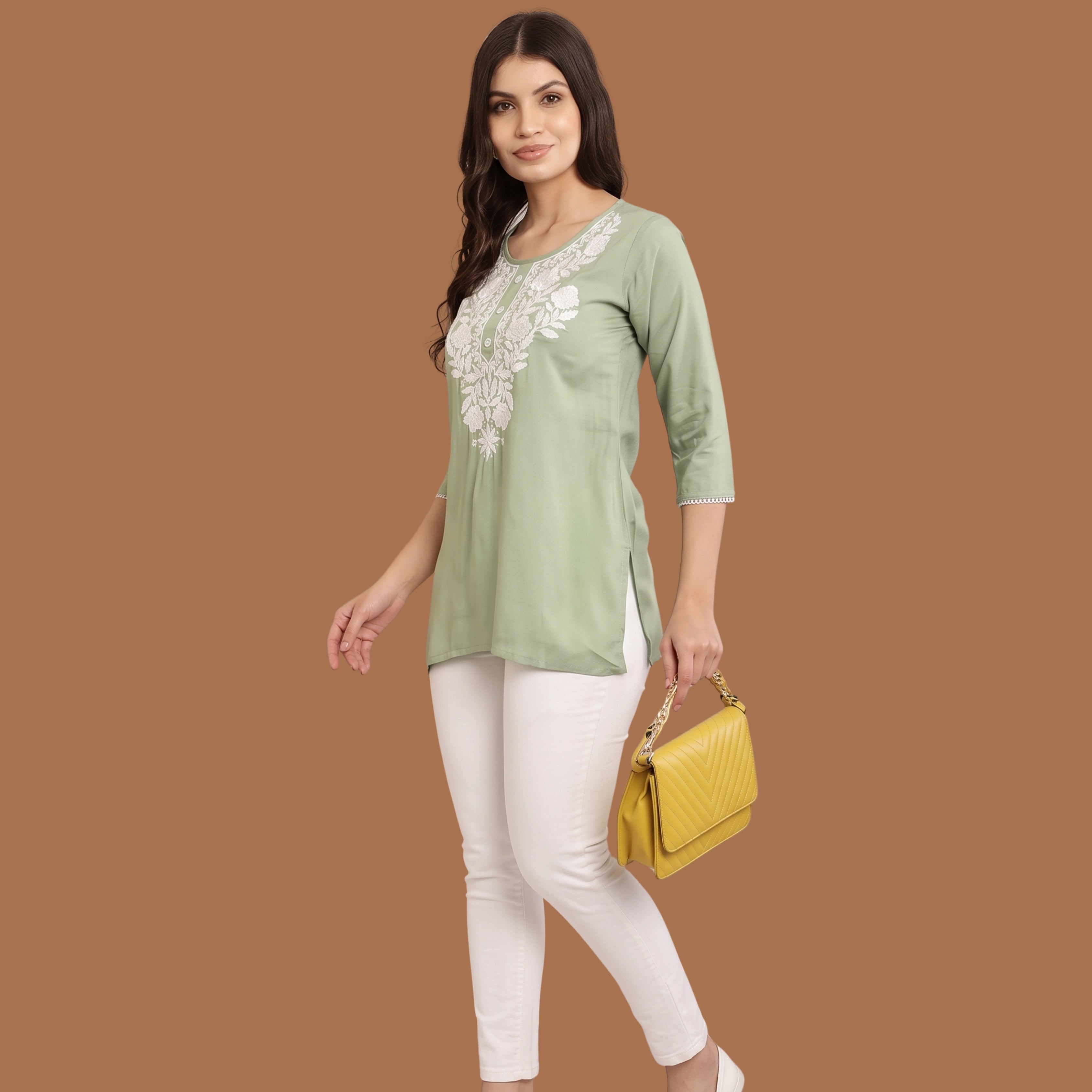 Women's  Green Embroidered Short Kurti | White Floral Embroidery Ethnic Top | Casual & Office Wear