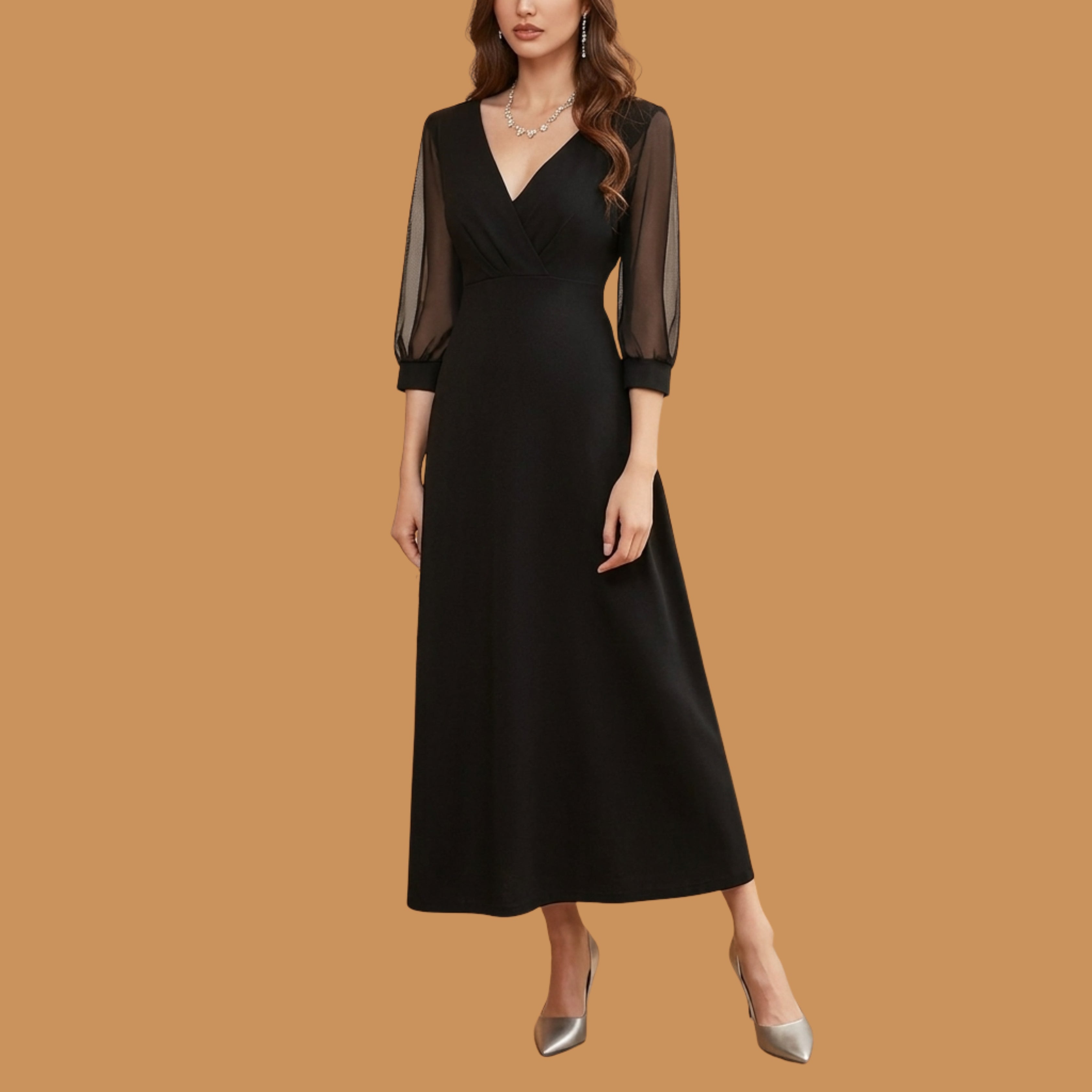 Elegant Black Maxi Dress with Sheer Long Sleeves & V-Neck
