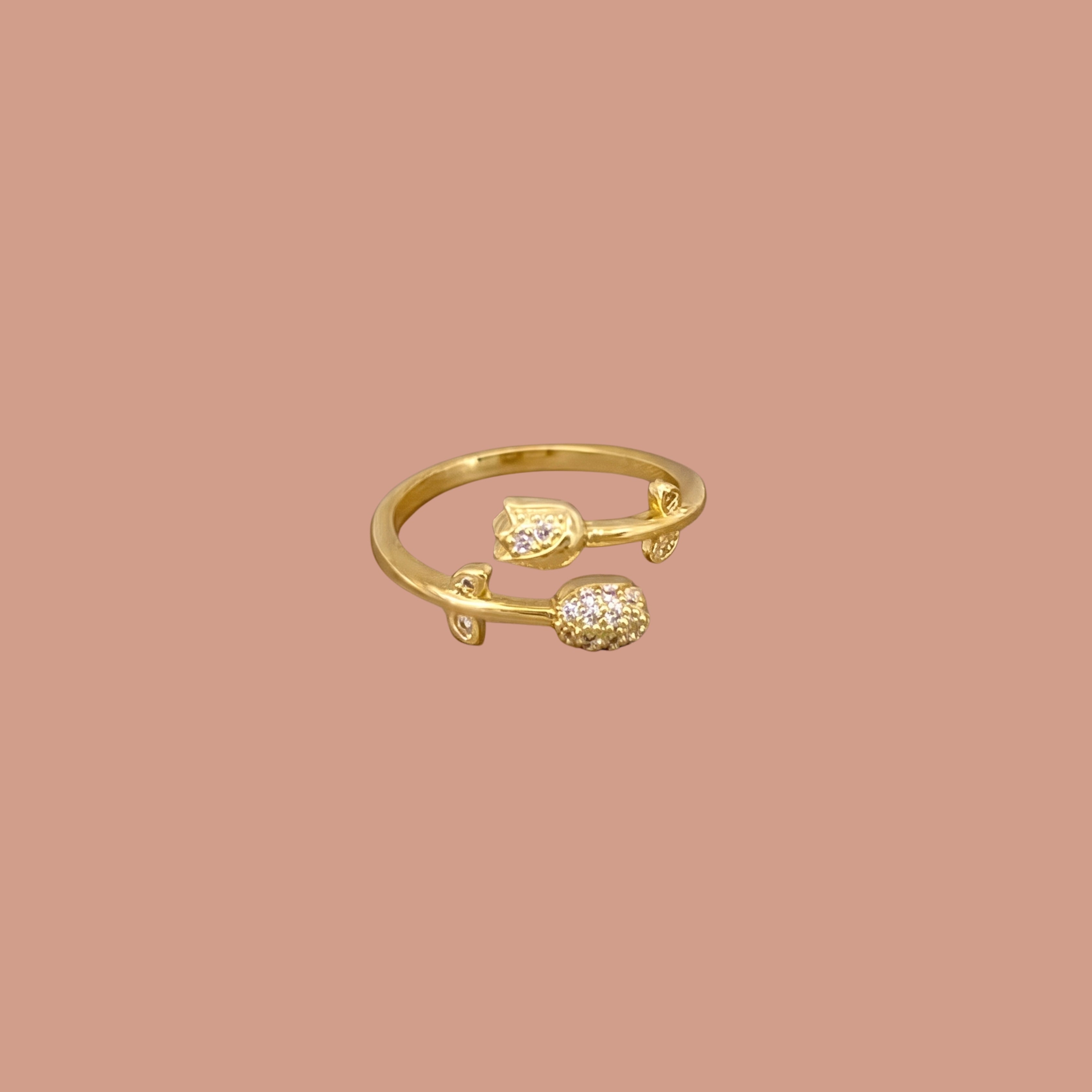 Dainty Leaf & Crystal Adjustable Ring for Women | Anti-Tarnish Gold Plated Open Ring | Minimalist Nature-Inspired