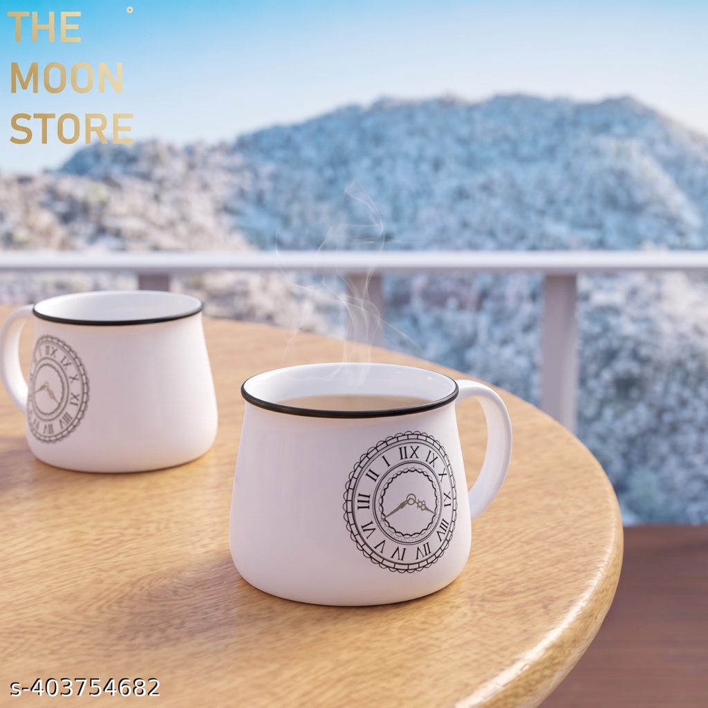 Set of 6 White Ceramic Tea & Coffee Cups with Clock Print | 200ml, Microwave Safe Kitchen Drinkware