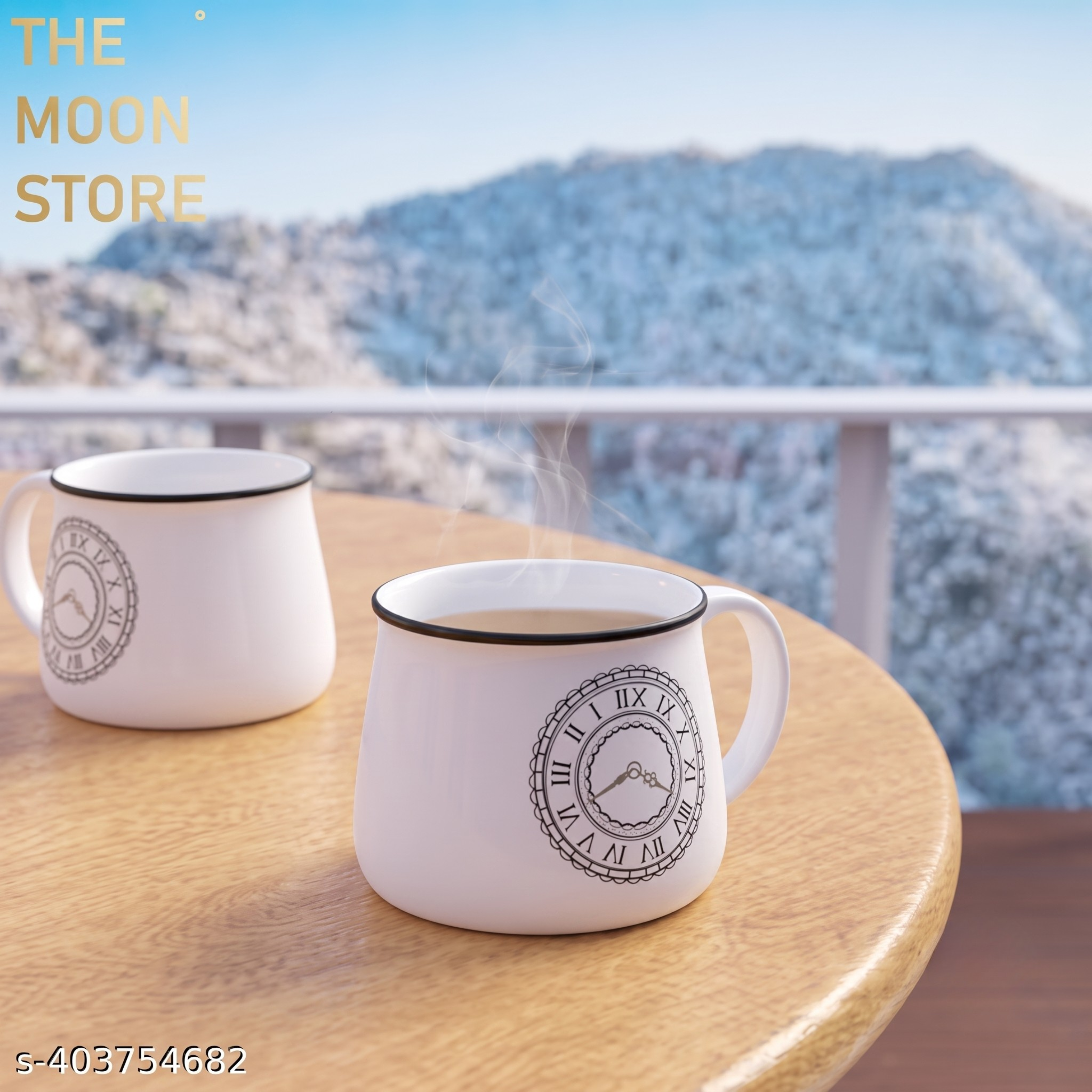 Set of 6 White Ceramic Tea & Coffee Cups with Clock Print | 200ml, Microwave Safe Kitchen Drinkware