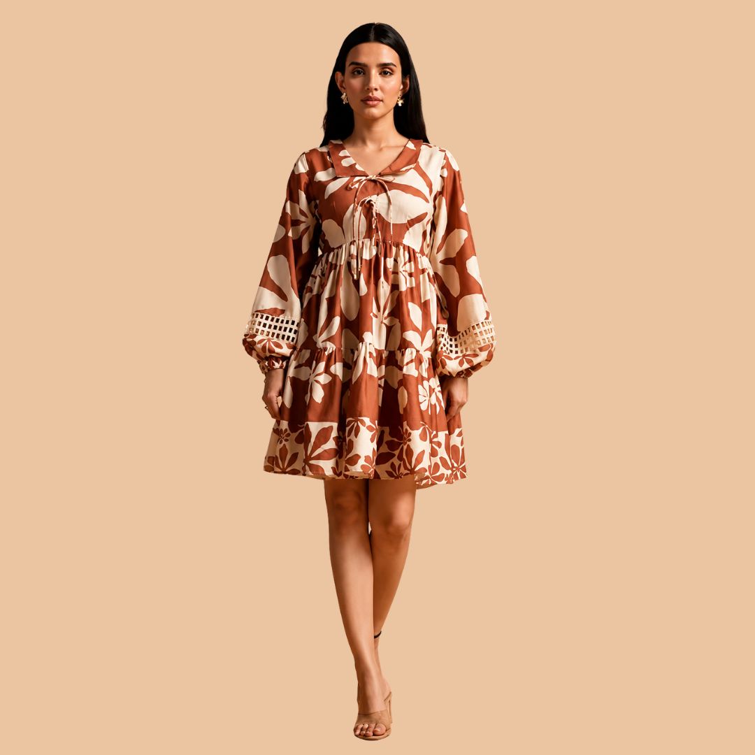 Women's Rust Floral Tiered Mini Dress