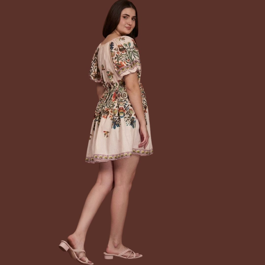 Boho Bloom Floral Print Mini Dress for Women – Cream Short Sleeve Summer Dress