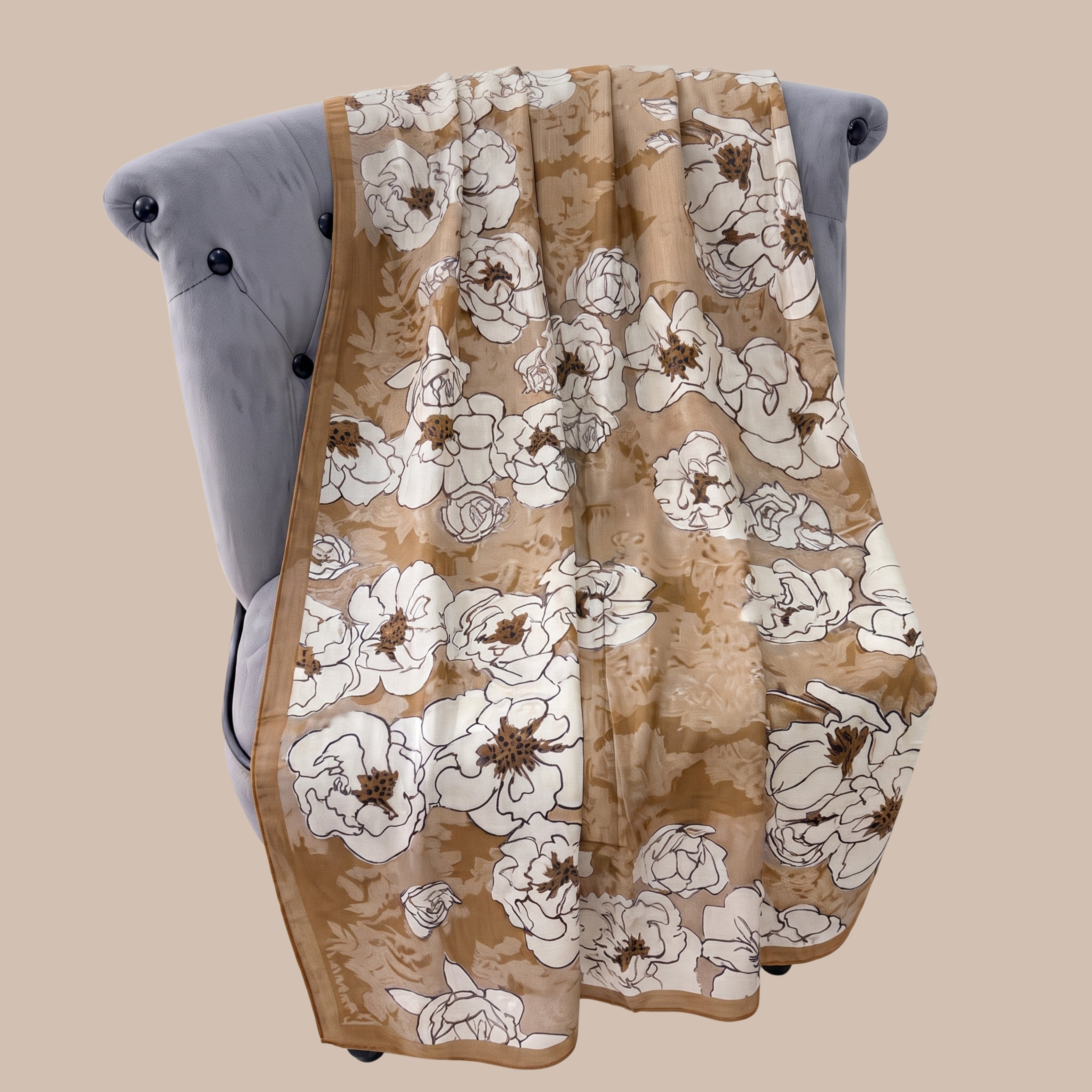 Scarf for Women - Beige Floral Print Lightweight Shawl, Women's Stole, Wrap & Neck Scarf