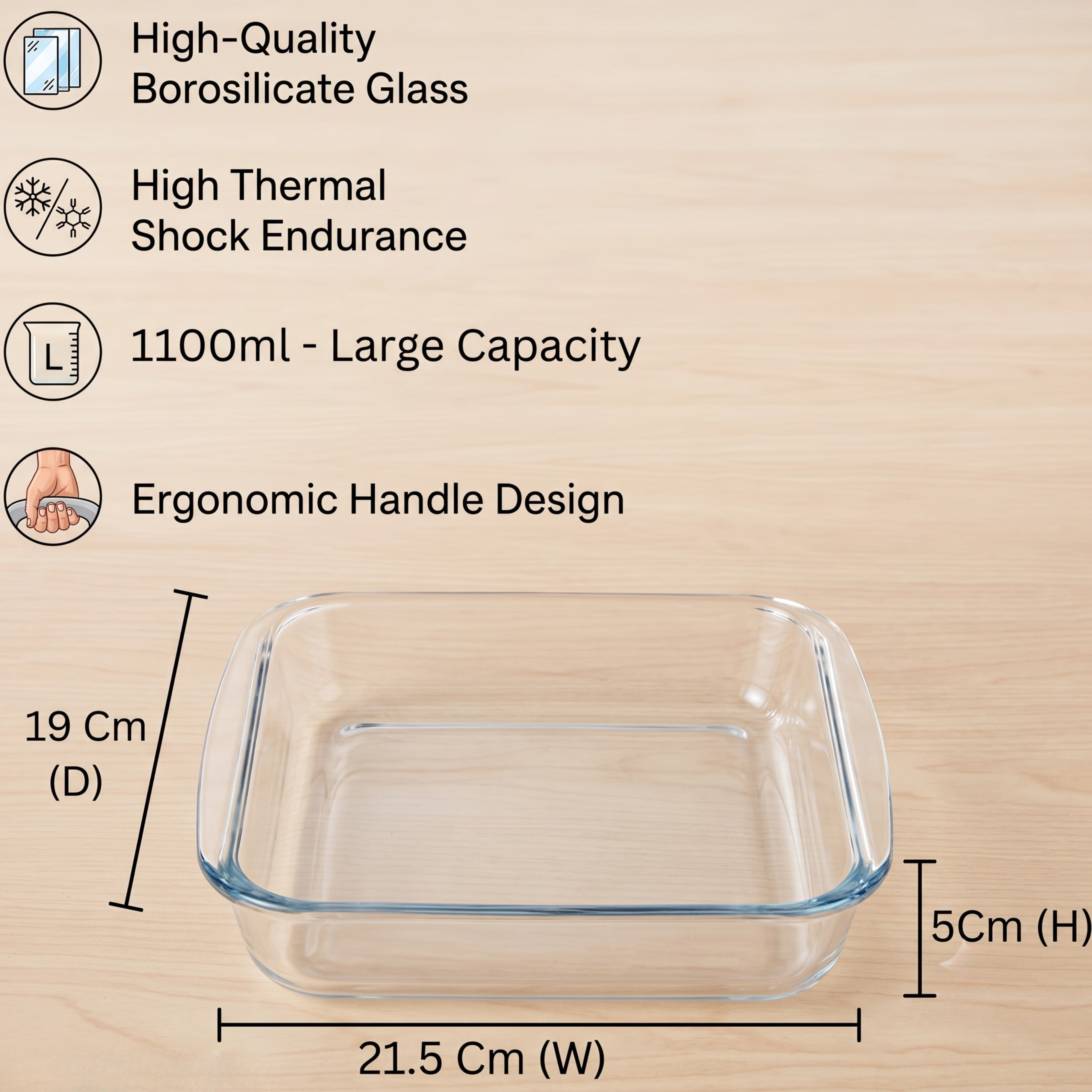 Premium Square Borosilicate Glass Baking Dish - 1100ml | Oven & Microwave Safe