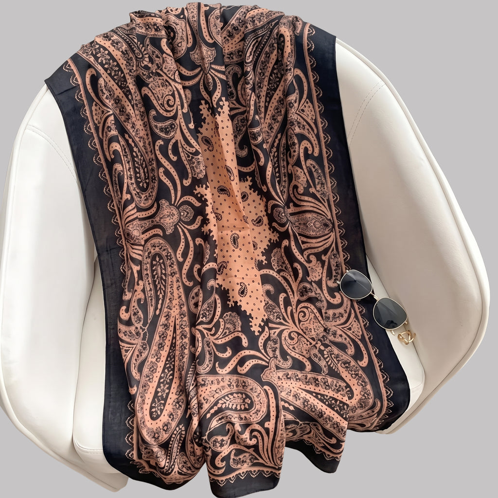 Classic Black & Beige Paisley Print Satin Scarf for Women | Elegant Lightweight Shawl, Wrap & Stole