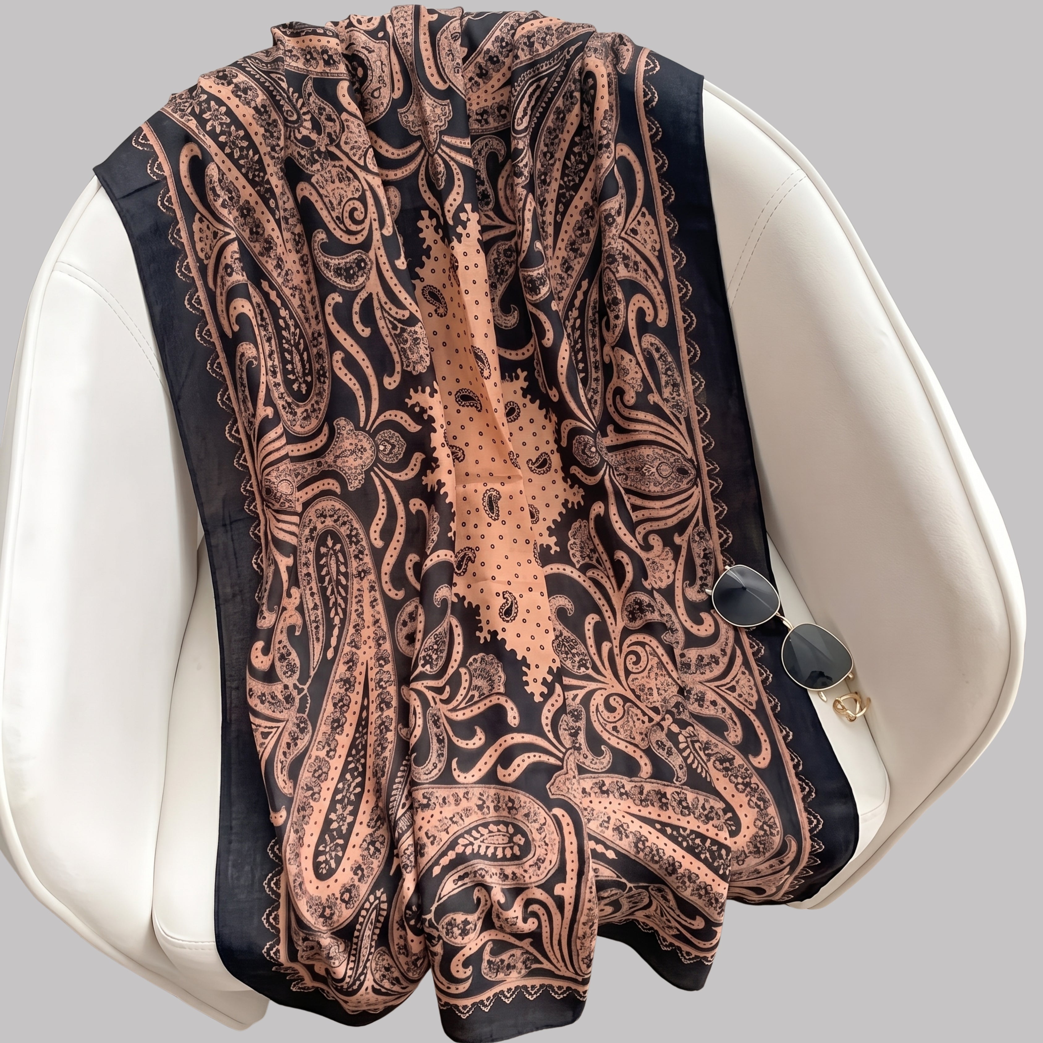 Classic Black & Beige Paisley Print Satin Scarf for Women | Elegant Lightweight Shawl, Wrap & Stole