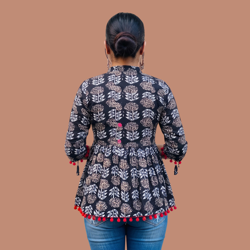 Women's Black Floral Printed Peplum Short Kurti