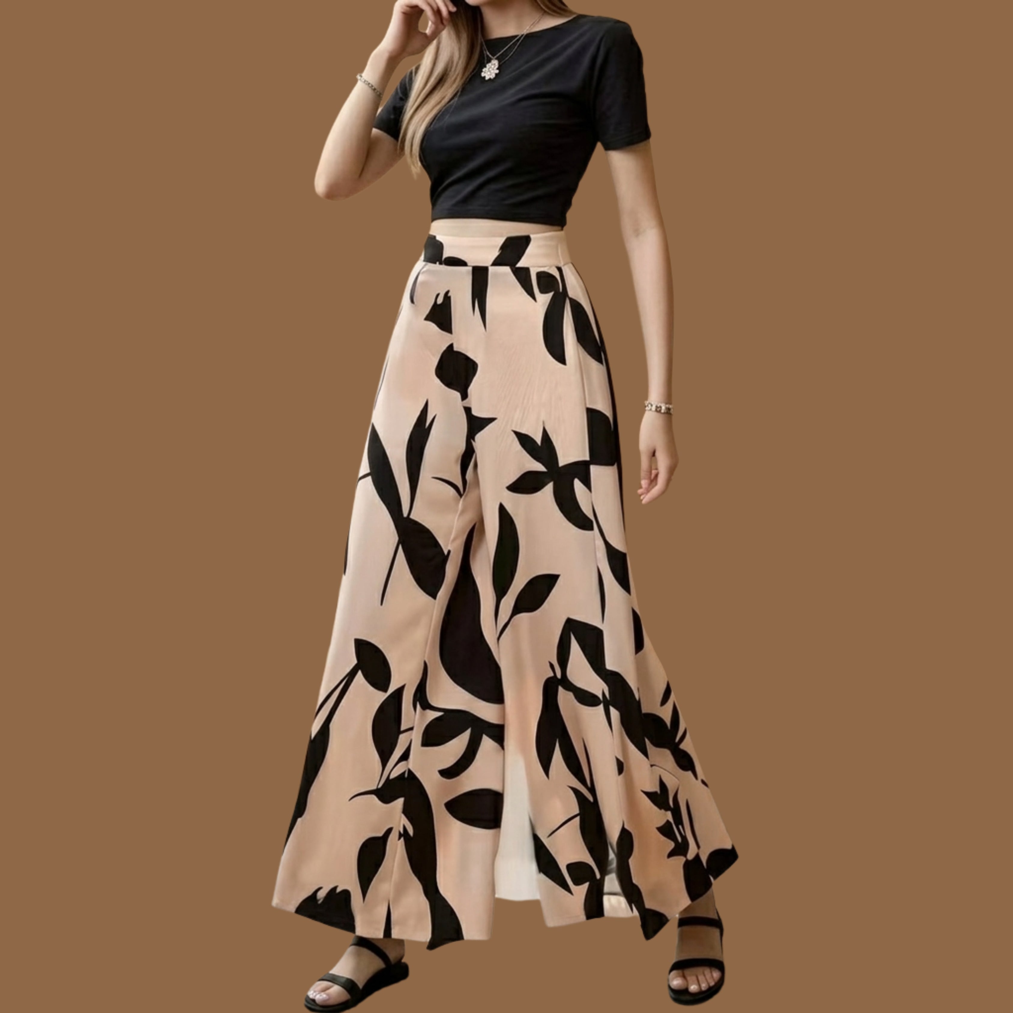 Women's Black Crop Top & Beige Floral Wide-Leg Co-Ord Set | Printed Two-Piece Outfit