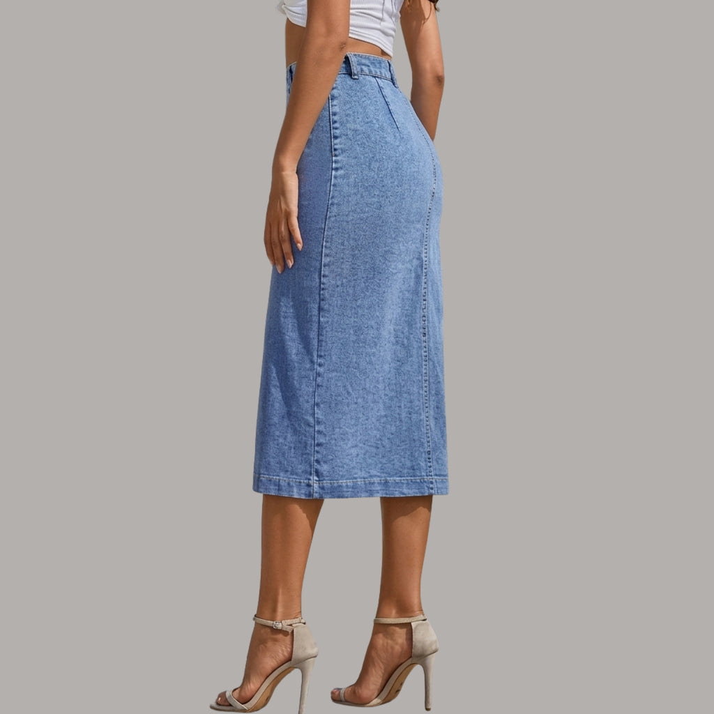 Korean High Waist Button Front Denim Midi Skirt with Front Slit | Nine99 Store