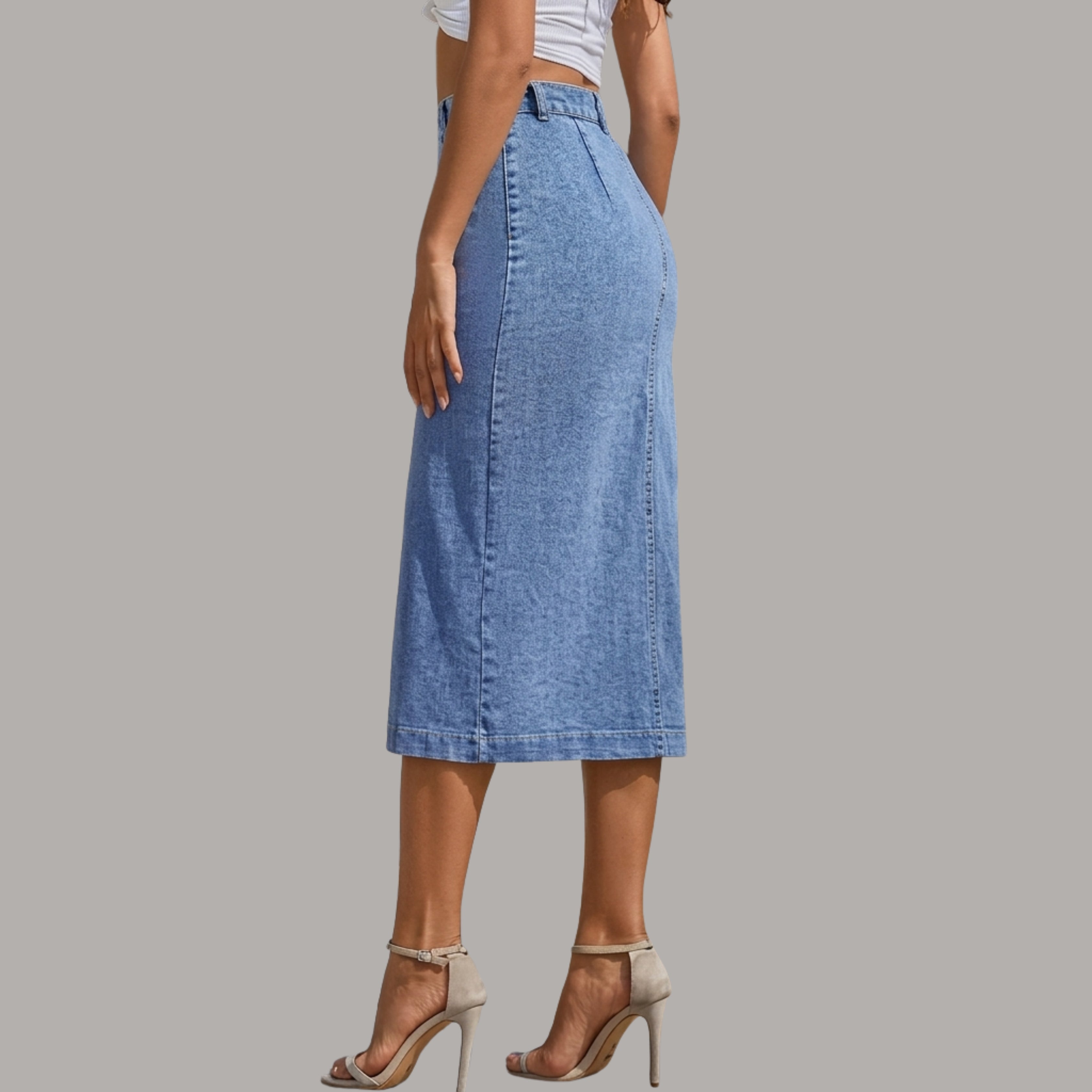 Korean High Waist Button Front Denim Midi Skirt with Front Slit | Nine99 Store