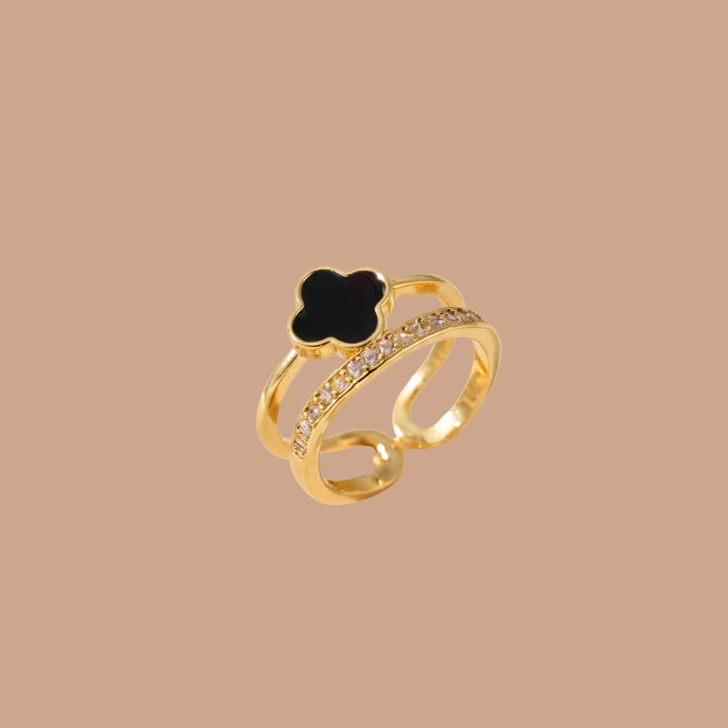 Black Clover Adjustable Ring for Women | Anti-Tarnish Open Ring | Elegant Lucky Clover Statement Ring