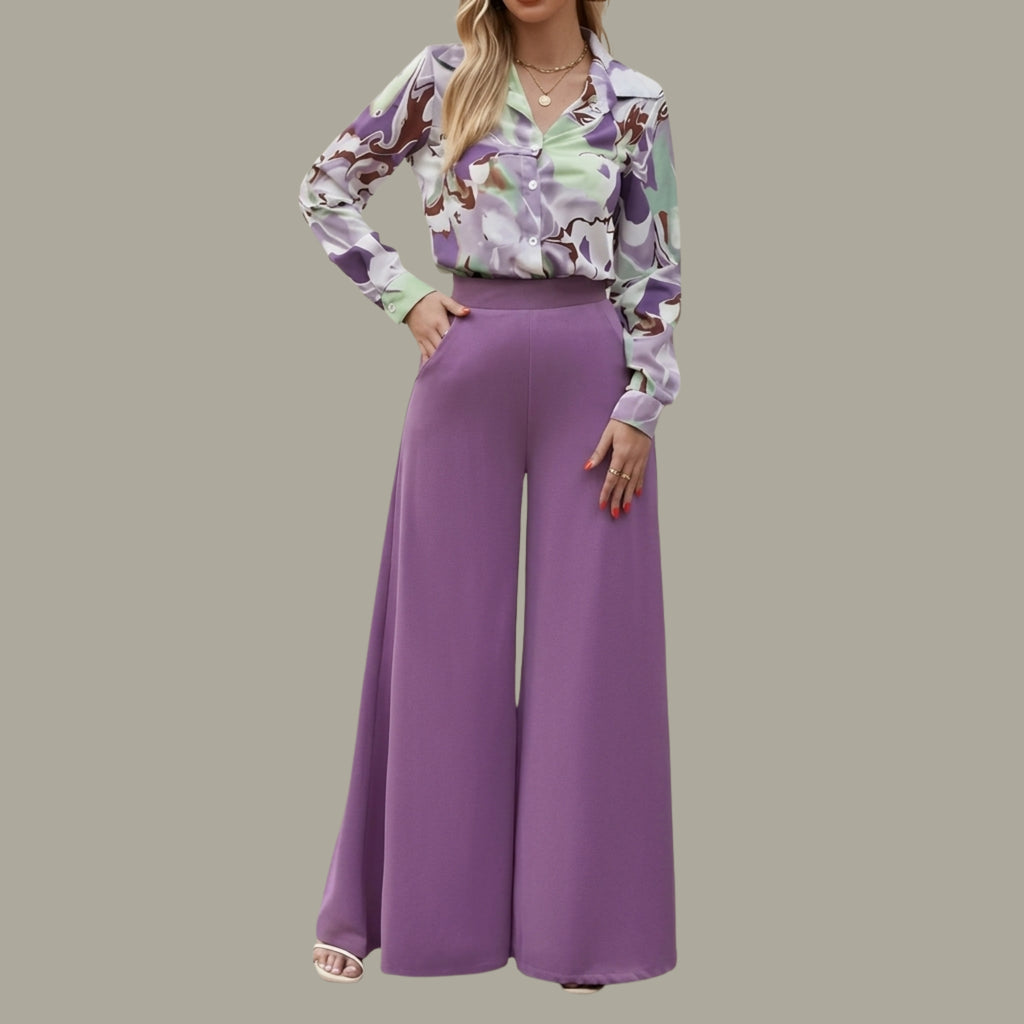 Women's Purple Printed Shirt & High-Waist Wide Leg Pants Co-Ord Set | Elegant Casual Two-Piece Outfit