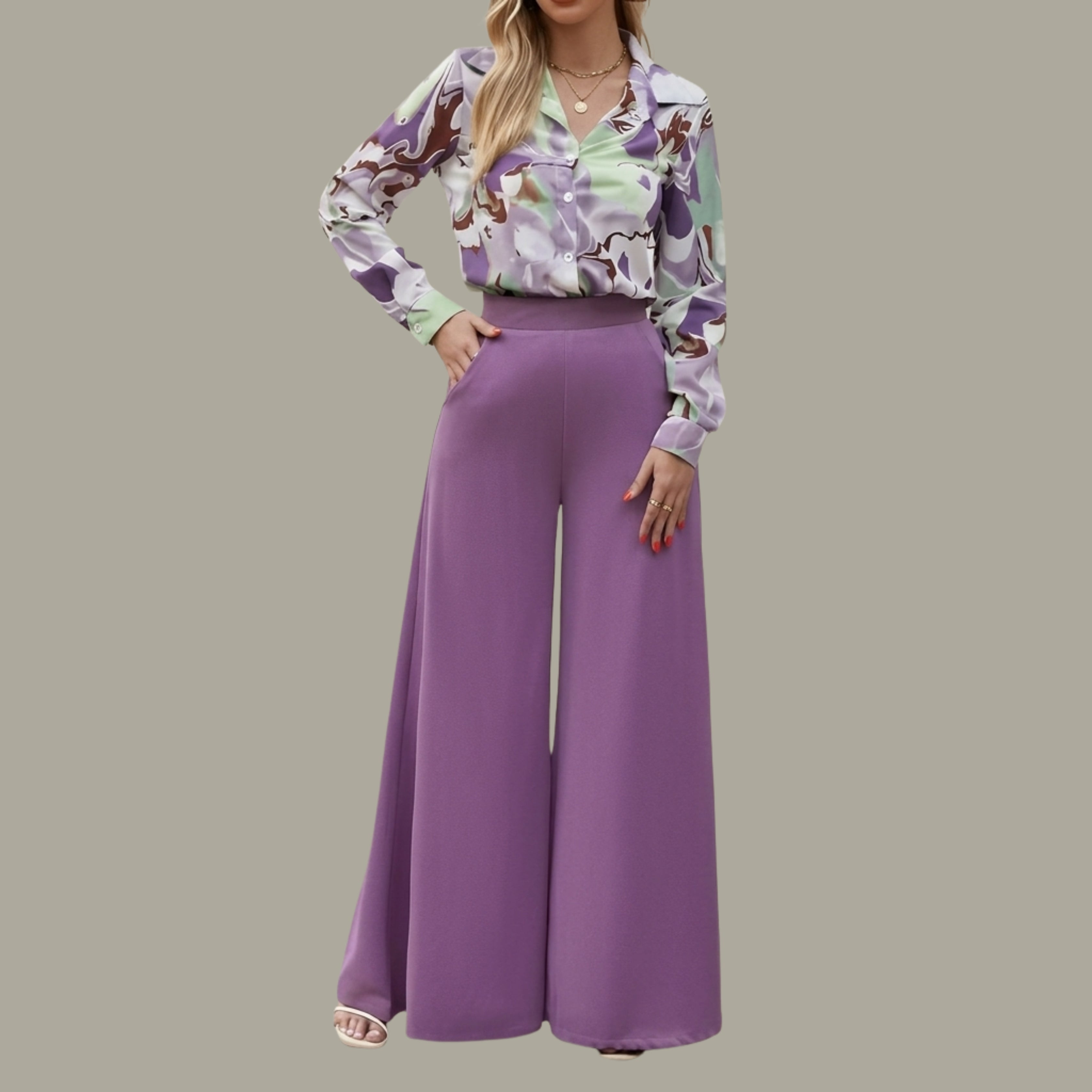 Women's Purple Printed Shirt & High-Waist Wide Leg Pants Co-Ord Set | Elegant Casual Two-Piece Outfit