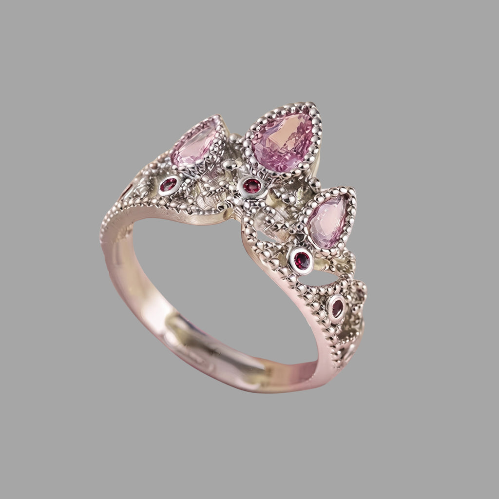 Vintage Pink Crystal Crown Ring for Women | Adjustable Anti-Tarnish Silver Ring