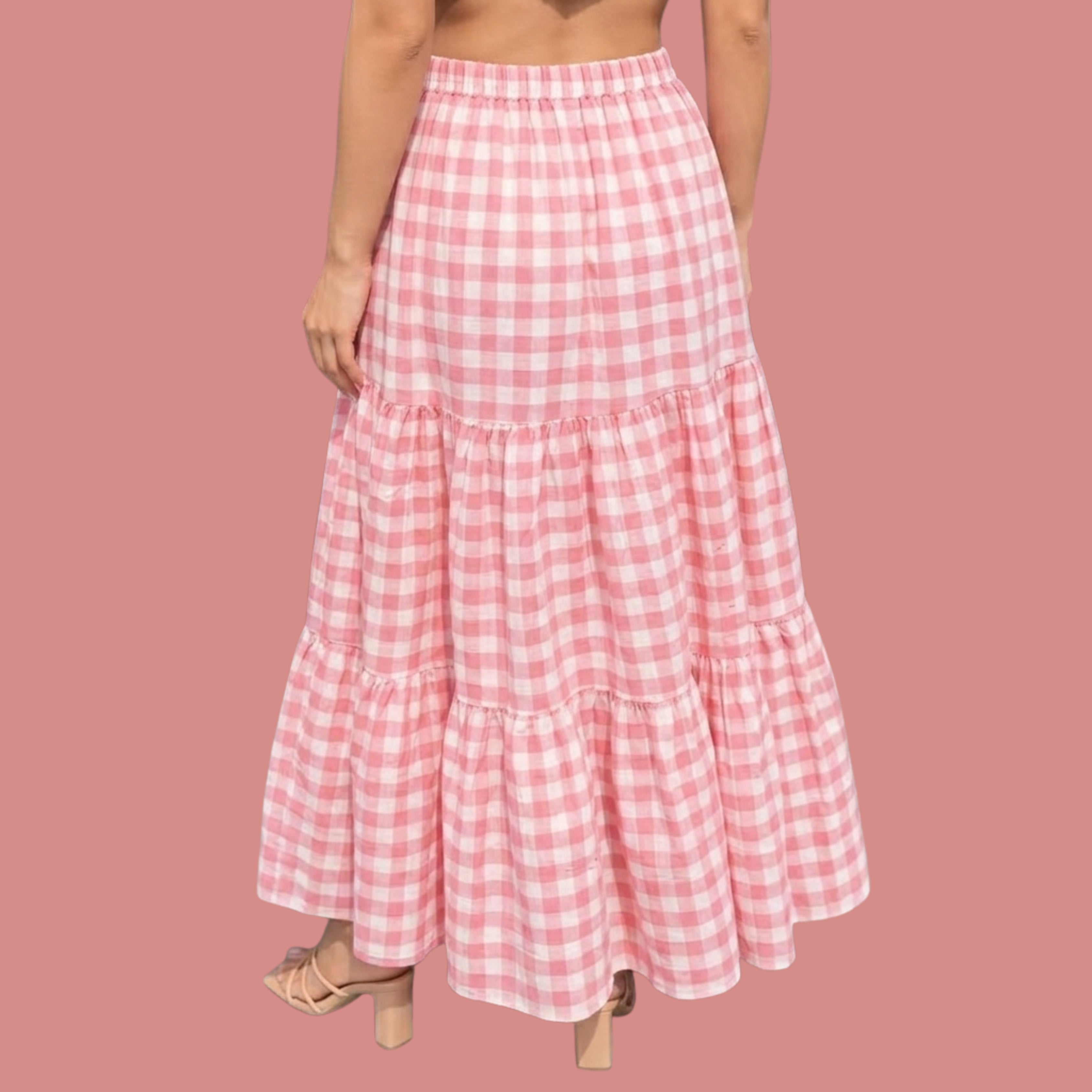Korean Style Pink Gingham Tiered Maxi Skirt for Women | High Waist Flowy Checkered Long Skirt