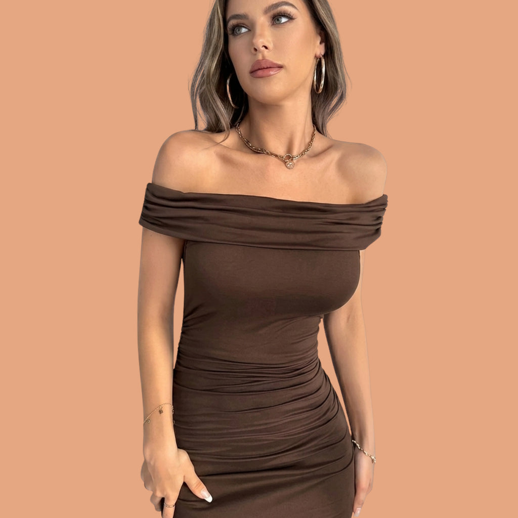 Brown Off-Shoulder Ruched Bodycon Midi Dress for Women