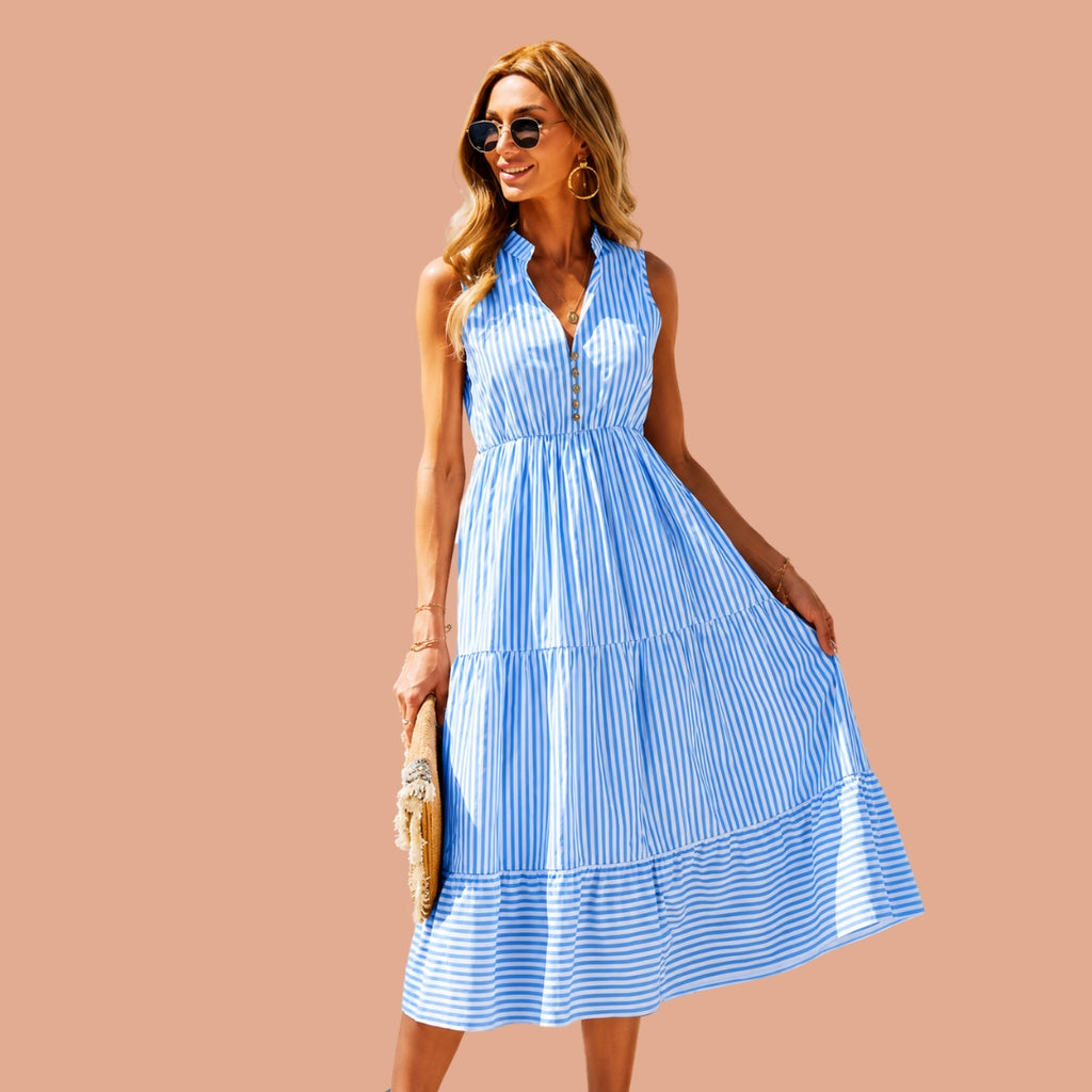 Blue & White Striped Sleeveless Tiered Midi Dress