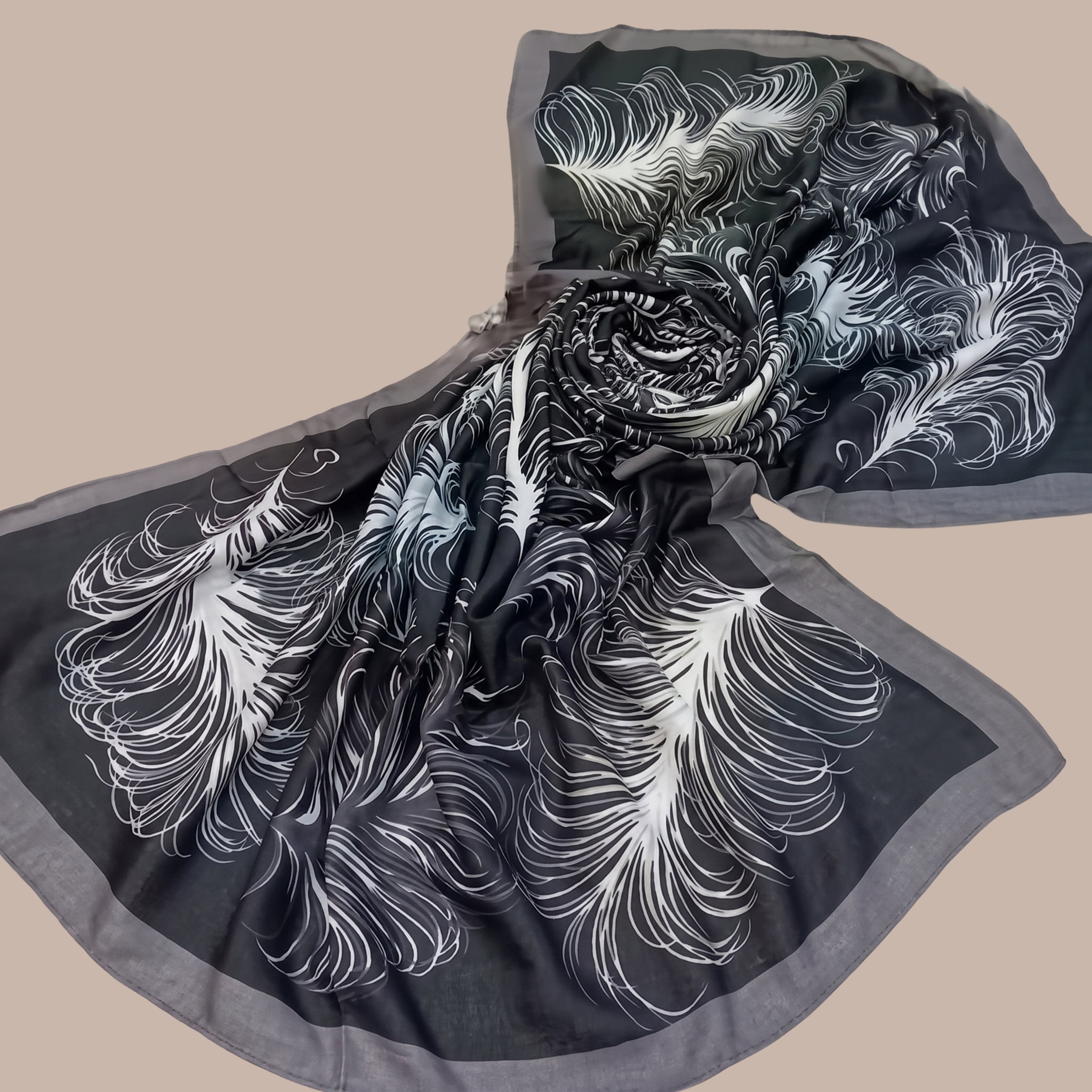 Elegant Black Feather Print Scarf for Women | Soft Lightweight Korean Style Shawl, Wrap & Stole