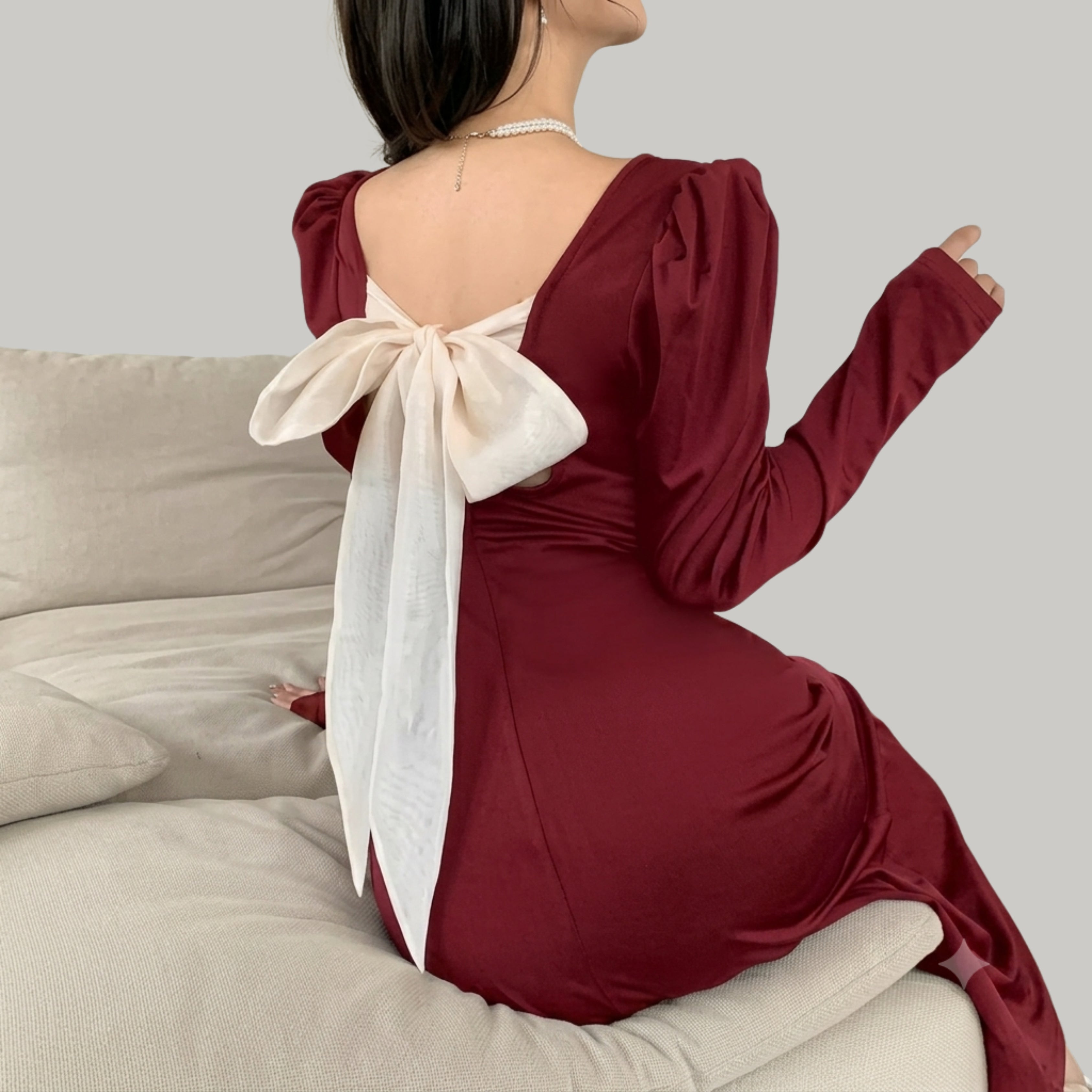 Burgundy Maxi Dress with White Bow Back – Elegant Long Sleeve Evening Dress