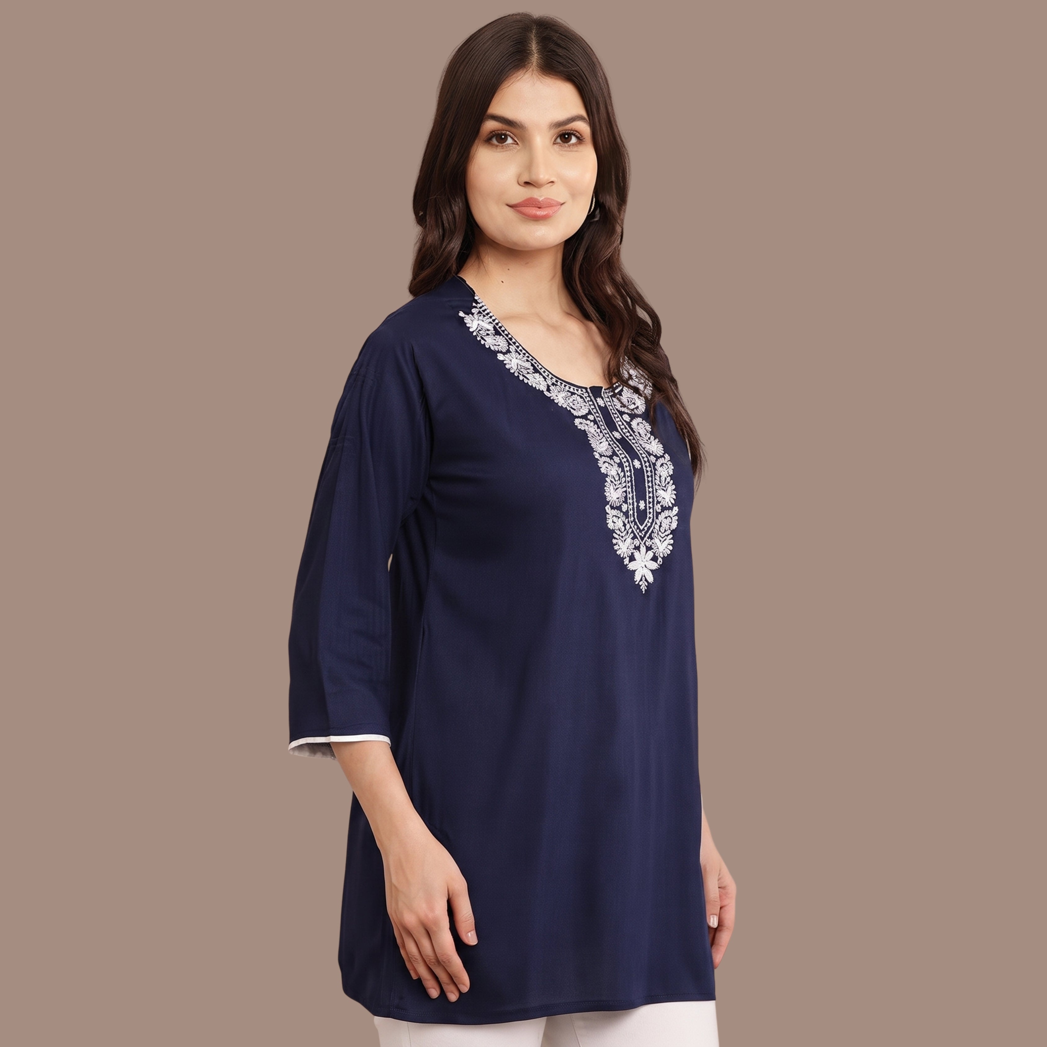 Women's Navy Blue Embroidered Short Kurti | Casual Ethnic Kurti for Women