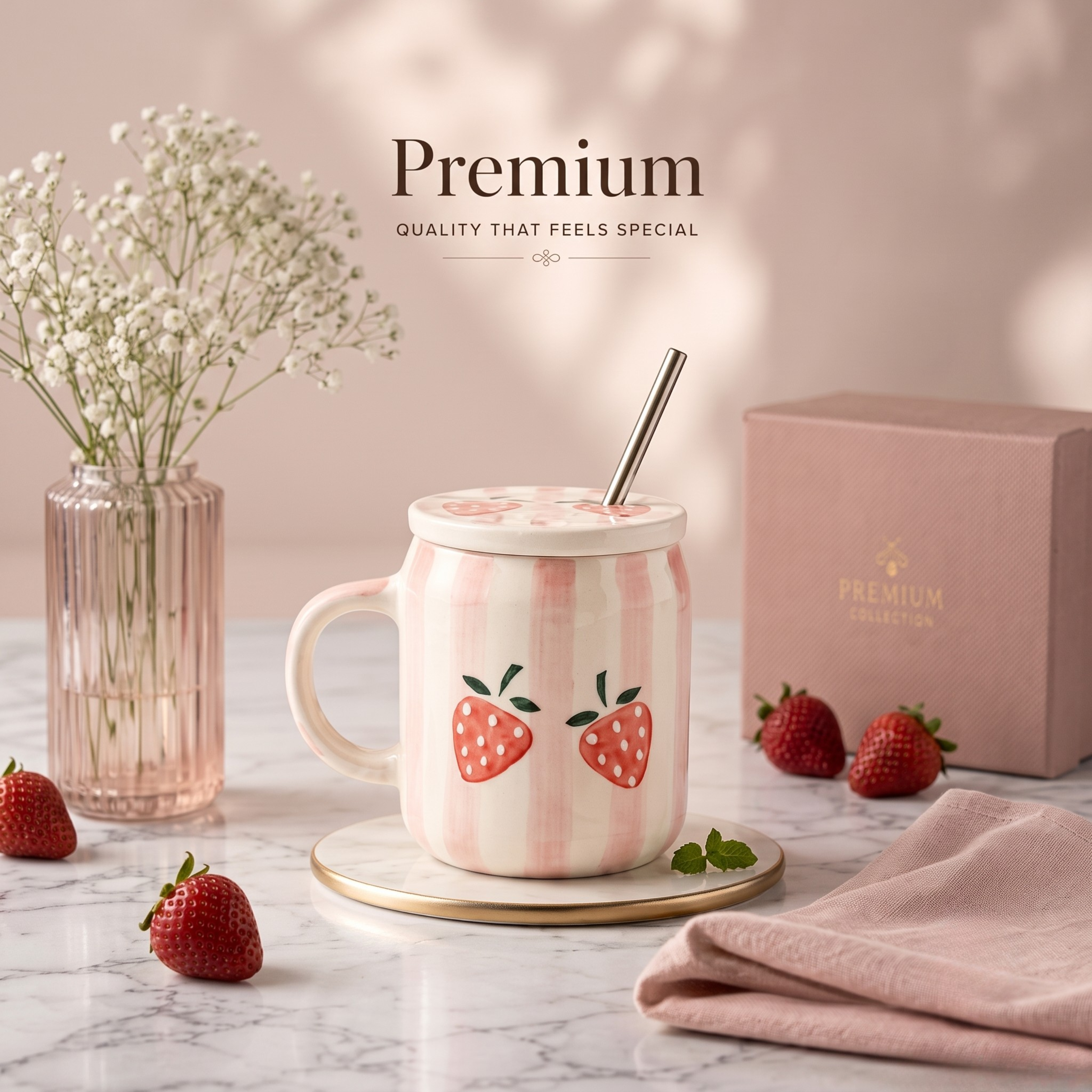 Premium Pink Striped Strawberry Ceramic Mug with Lid & Metal Straw