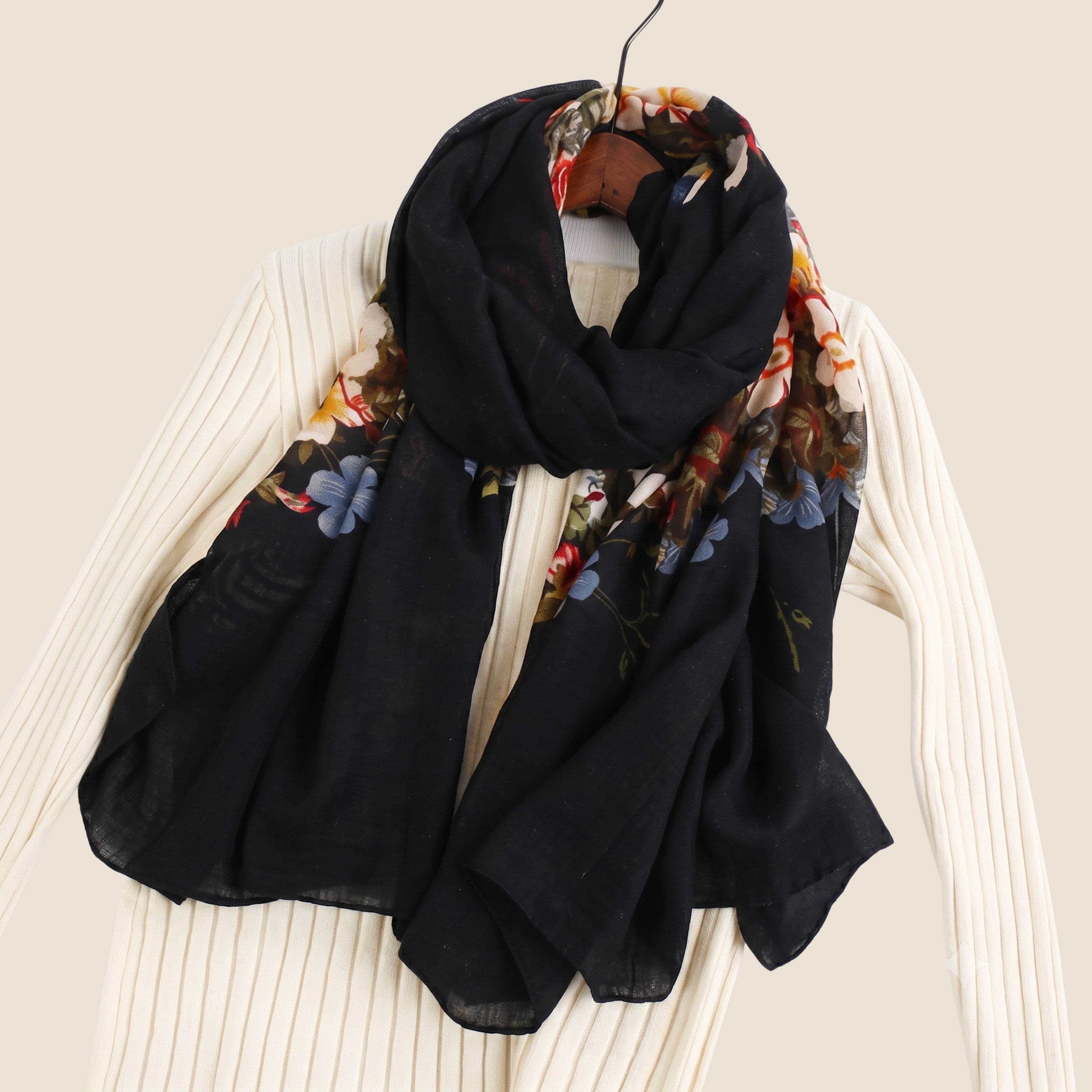 Elegant Black Floral Print Scarf for Women | Soft Lightweight Korean Style Shawl, Wrap & Stole