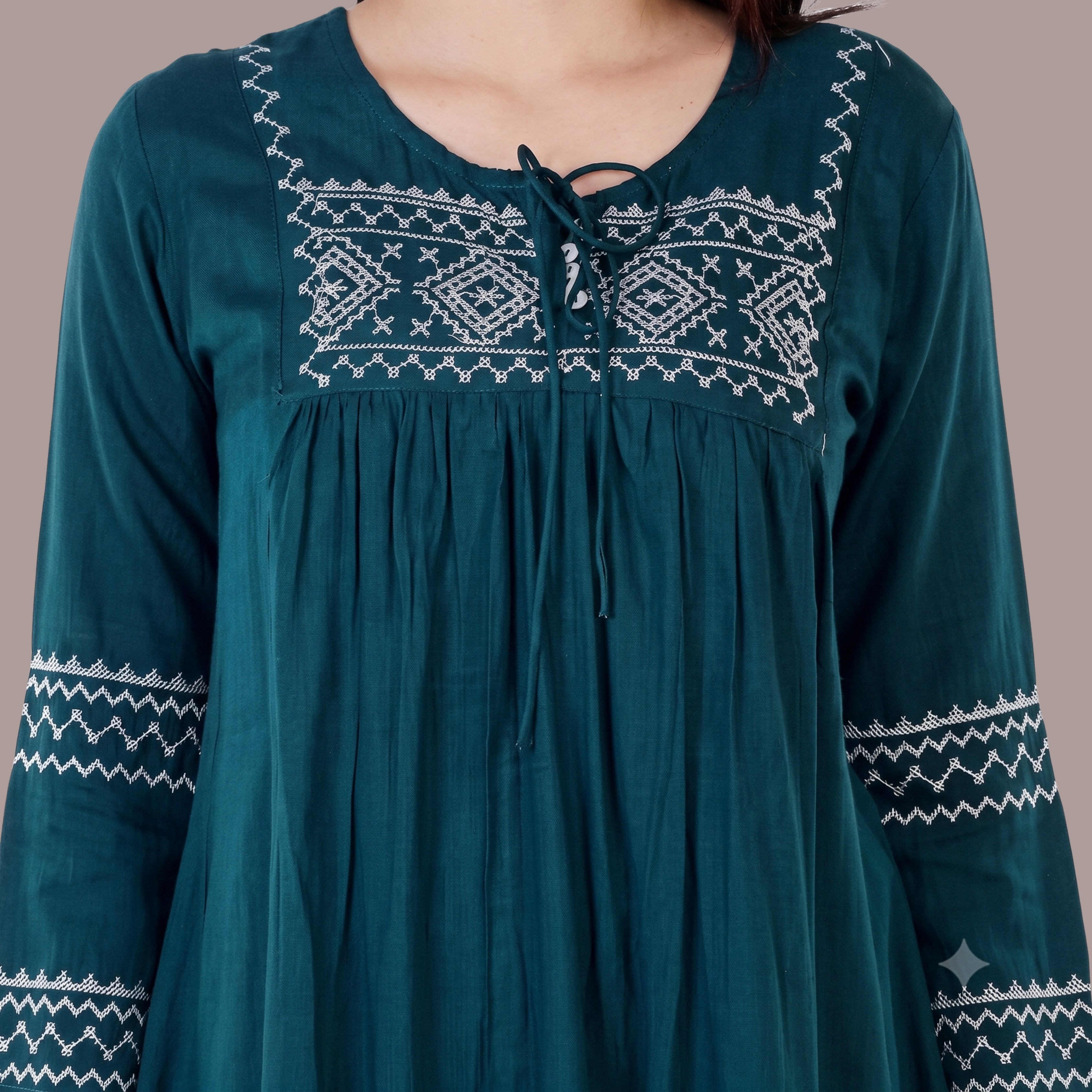 Women's Teal Blue Embroidered Short Kurti | Casual & Office Wear