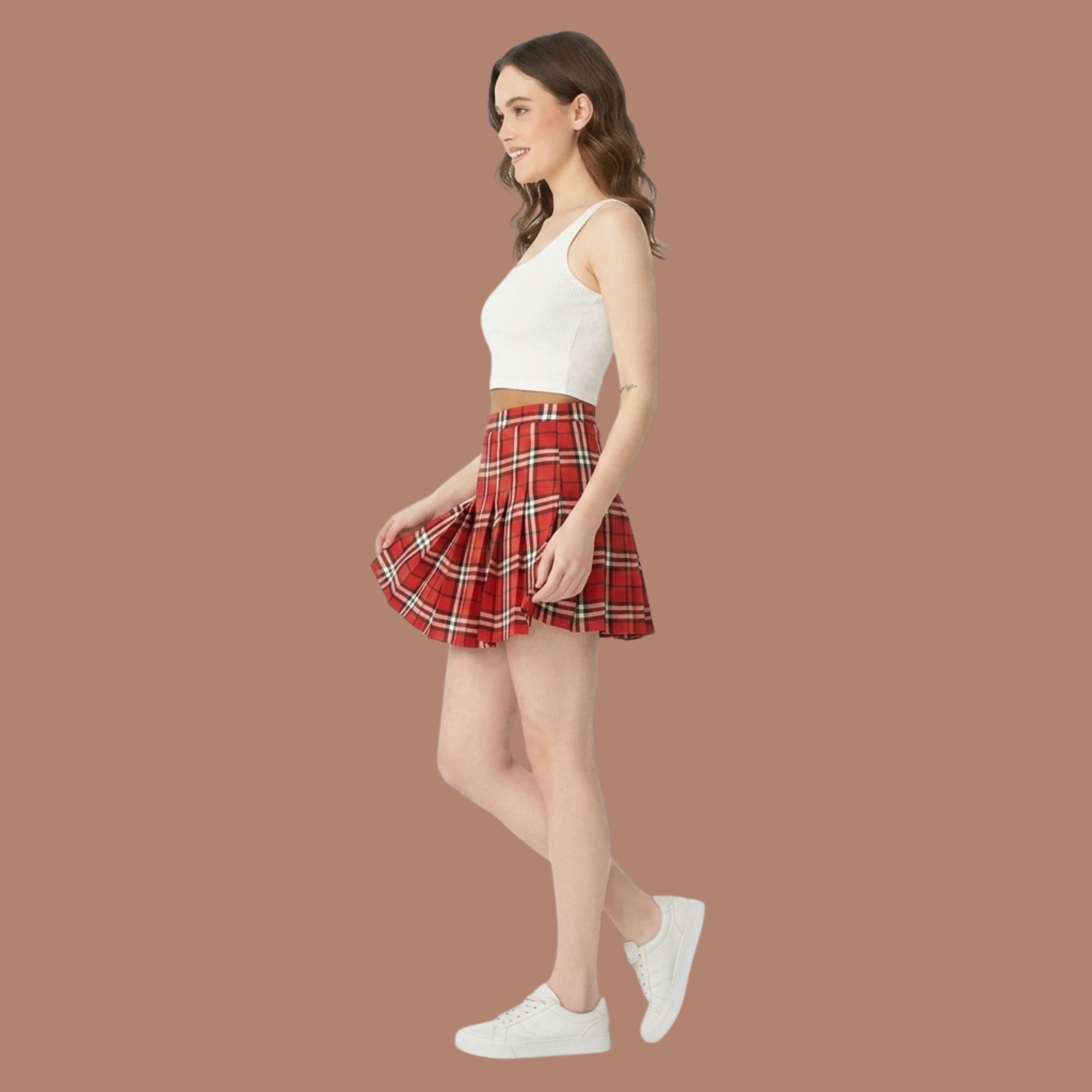 Korean Style Red Plaid Pleated Mini Skirt for Women | High Waist A-Line Tennis Skirt | Nine99 Store