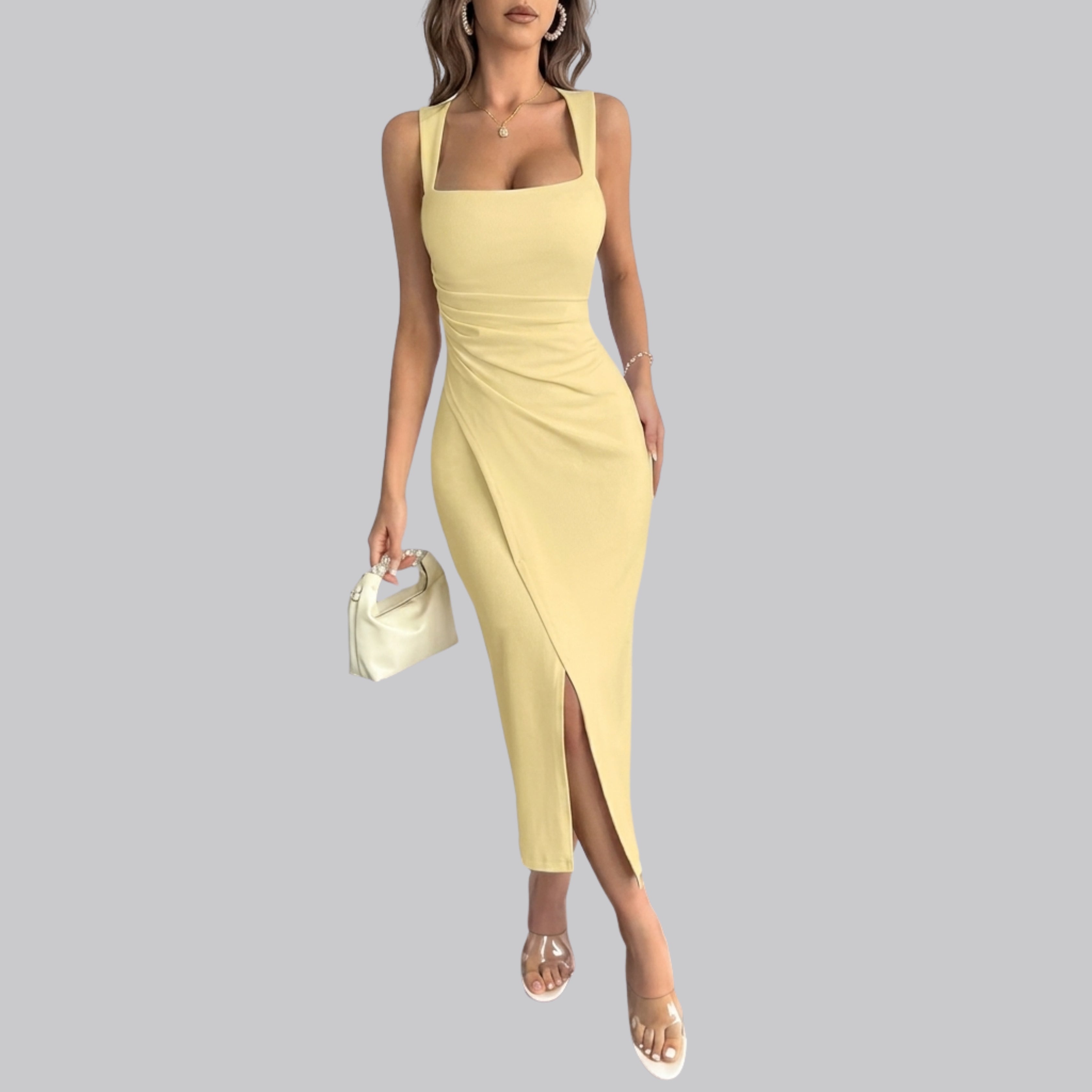 Women’s Yellow Square Neck Midi Dress with Front Slit -Elegant Bodycon Dress