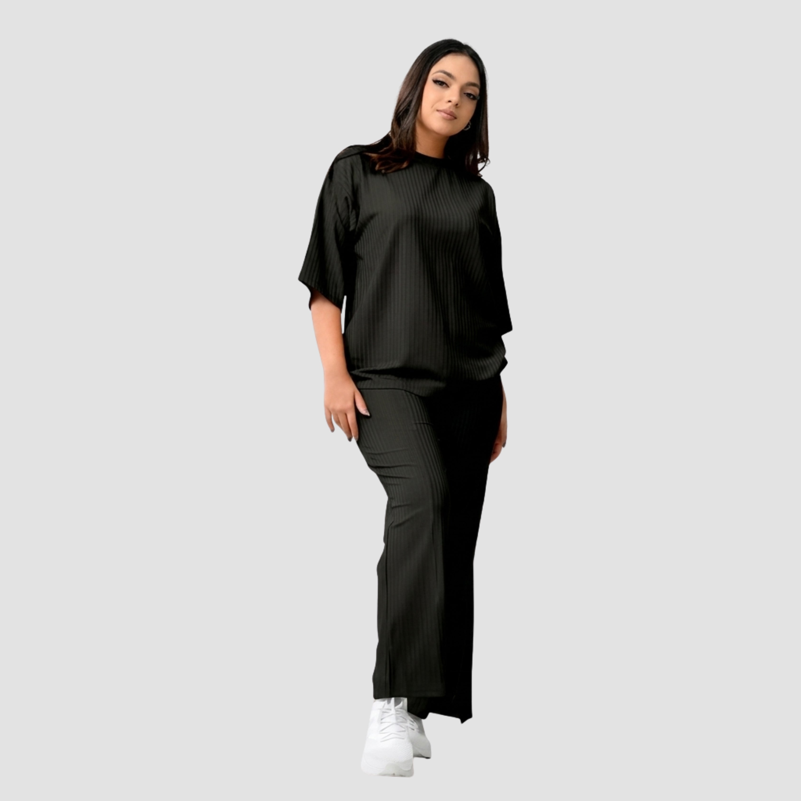 Women's Ribbed Co-Ord Set | Oversized Half Sleeve Top & Straight Fit Slit Pants | Casual Lounge Wear