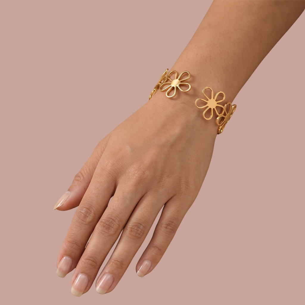 Minimalist Gold Flower Adjustable Bracelet for Women | Anti-Tarnish Floral Cuff Bracelet