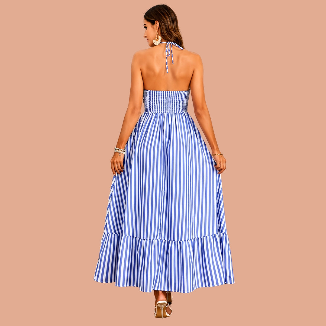 Blue & White Striped Cut-Out Halter Maxi Dress