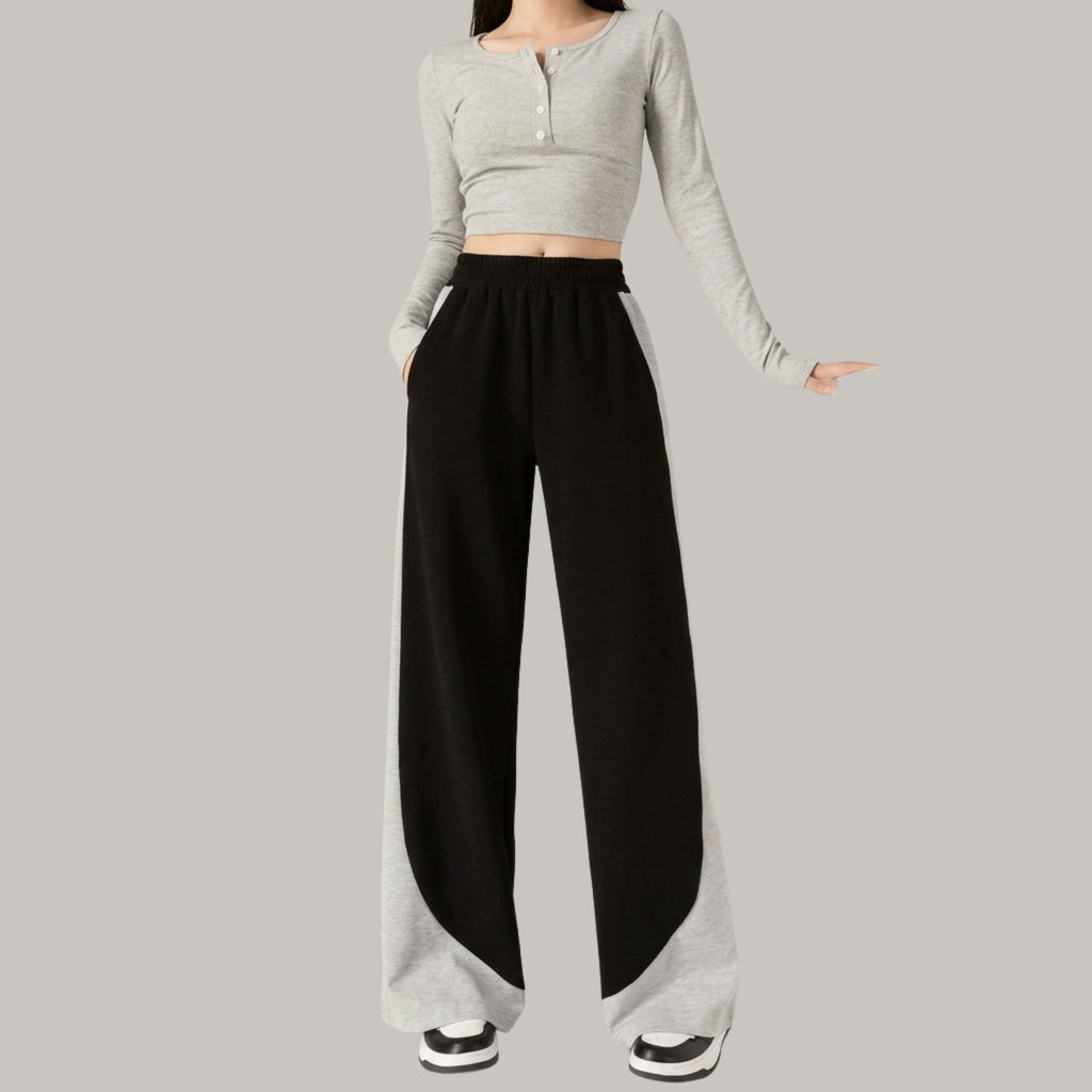 Women's KOREAN Color Block Wide Leg Sweatpants – Oversized High Waist Casual Black & Grey