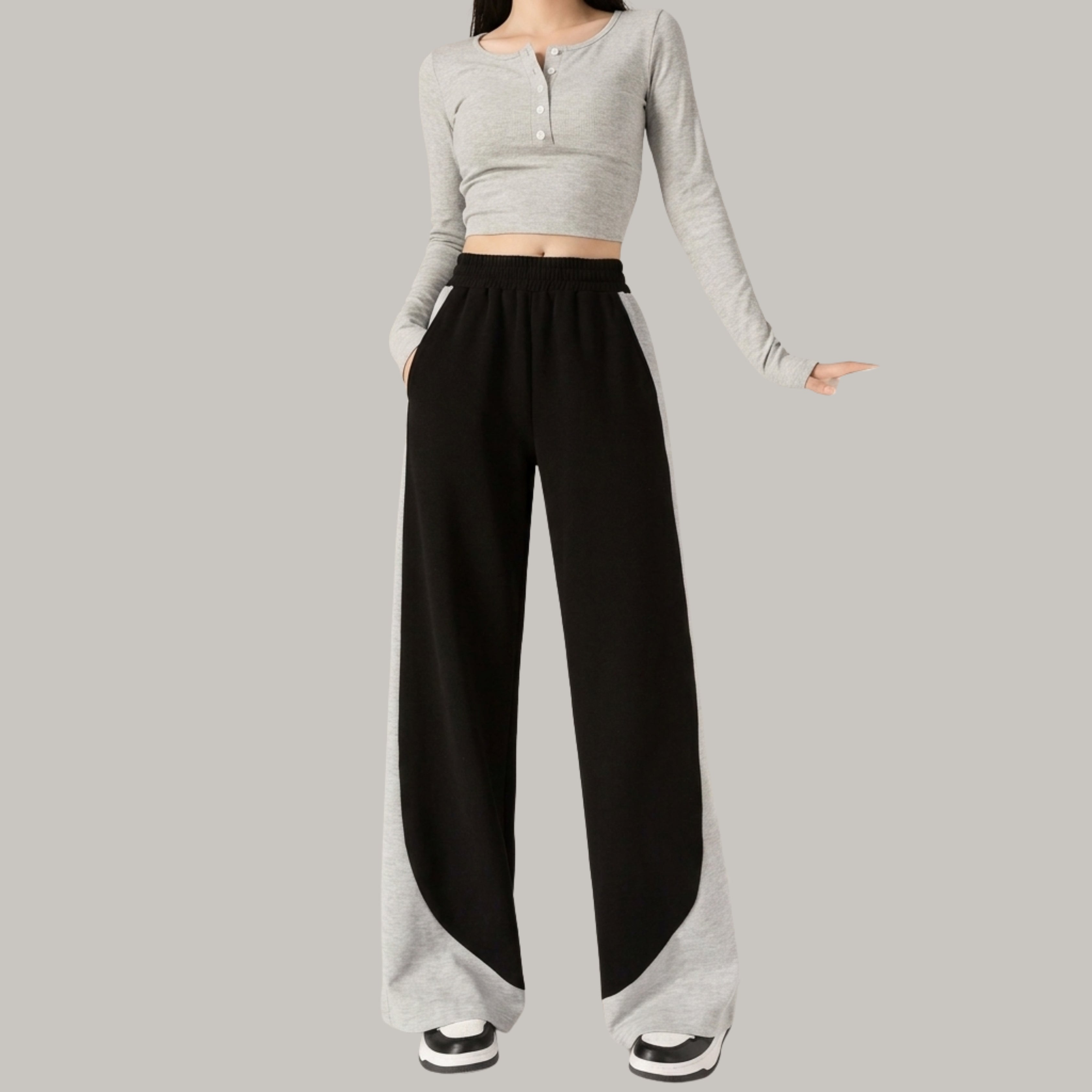 Women's KOREAN Color Block Wide Leg Sweatpants – Oversized High Waist Casual Black & Grey