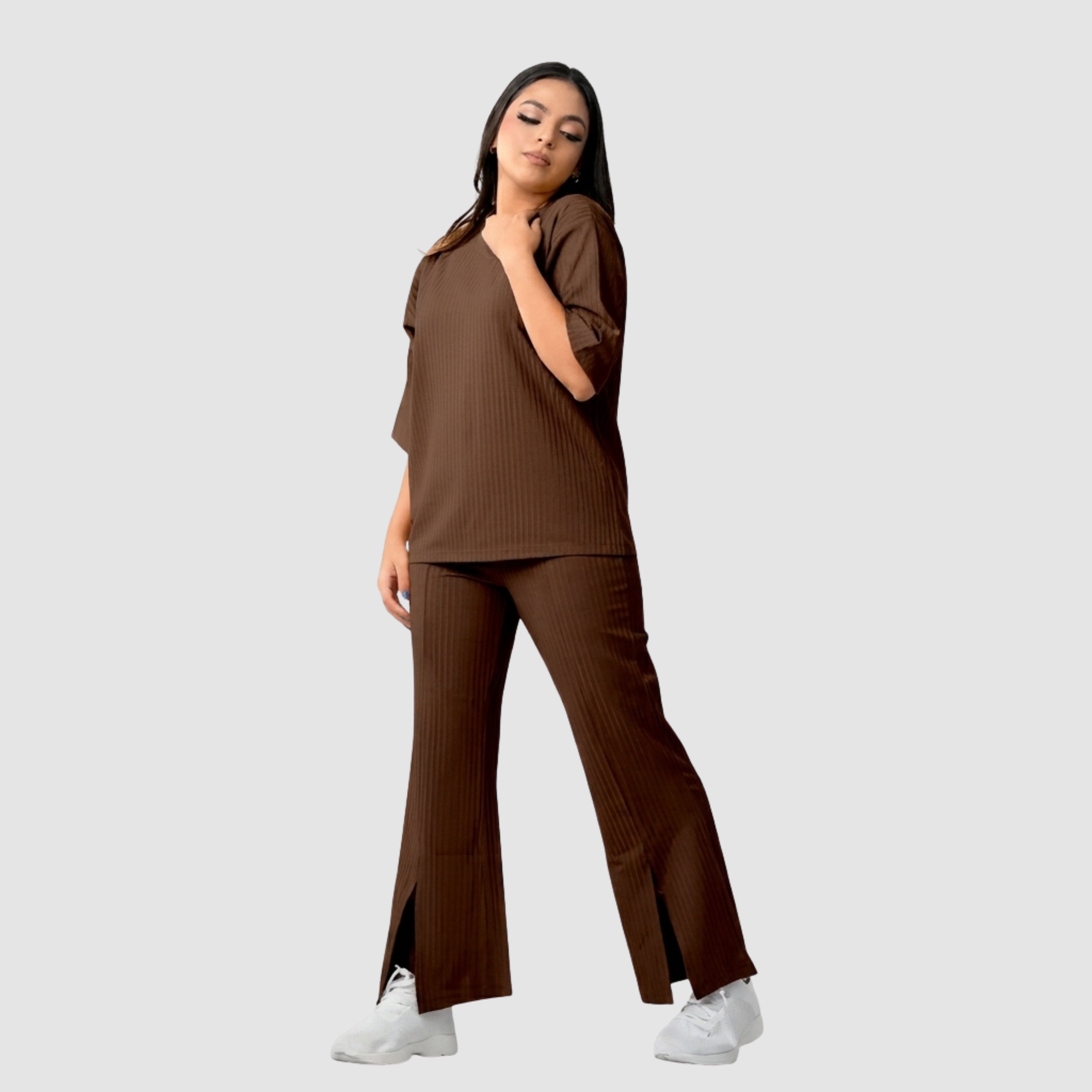 Women's Ribbed Co-Ord Set | Oversized Half Sleeve Top & Straight Fit Slit Pants | Casual Lounge Wear